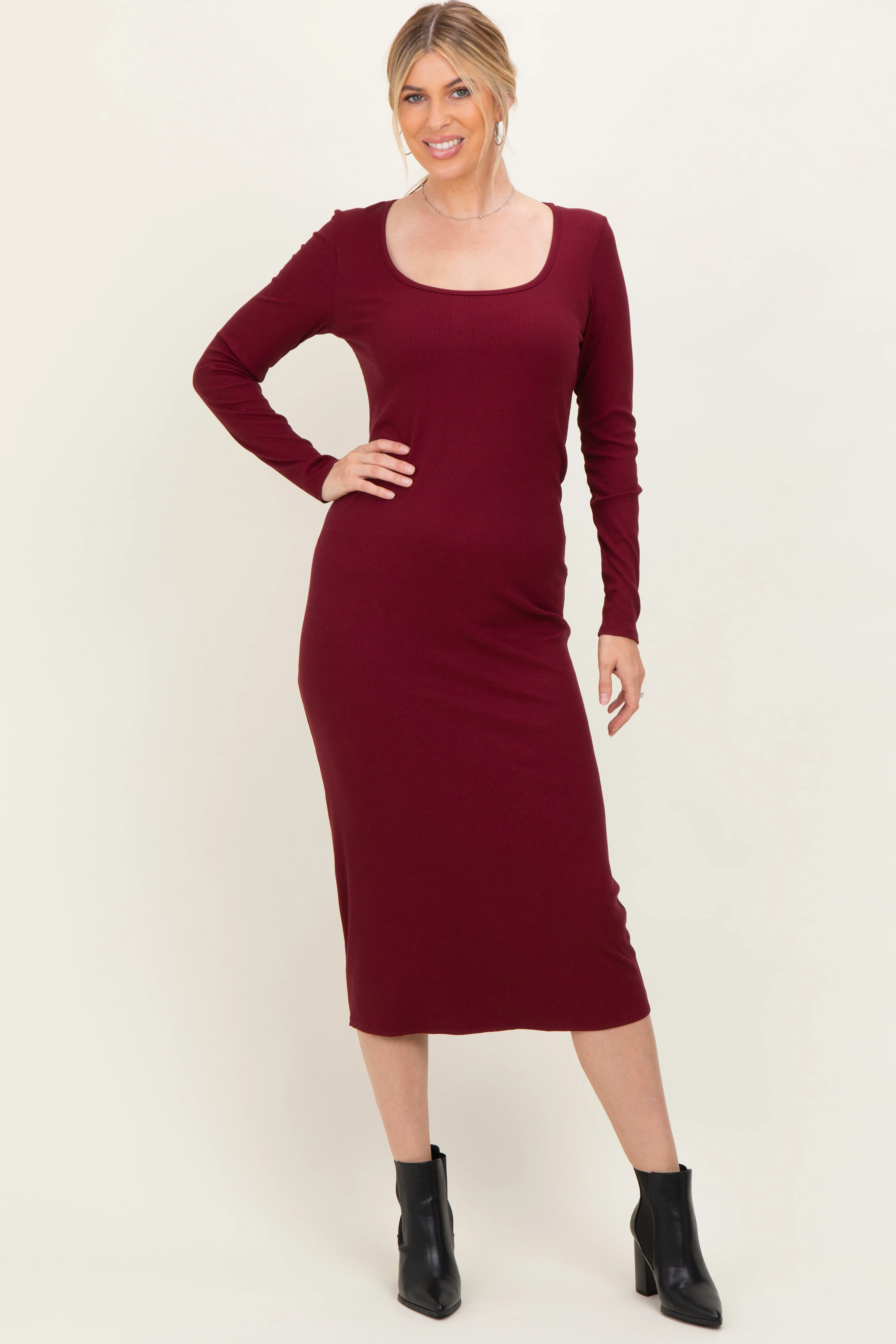 Burgundy Scoop Neck Long Sleeve Midi Dress - Image 2