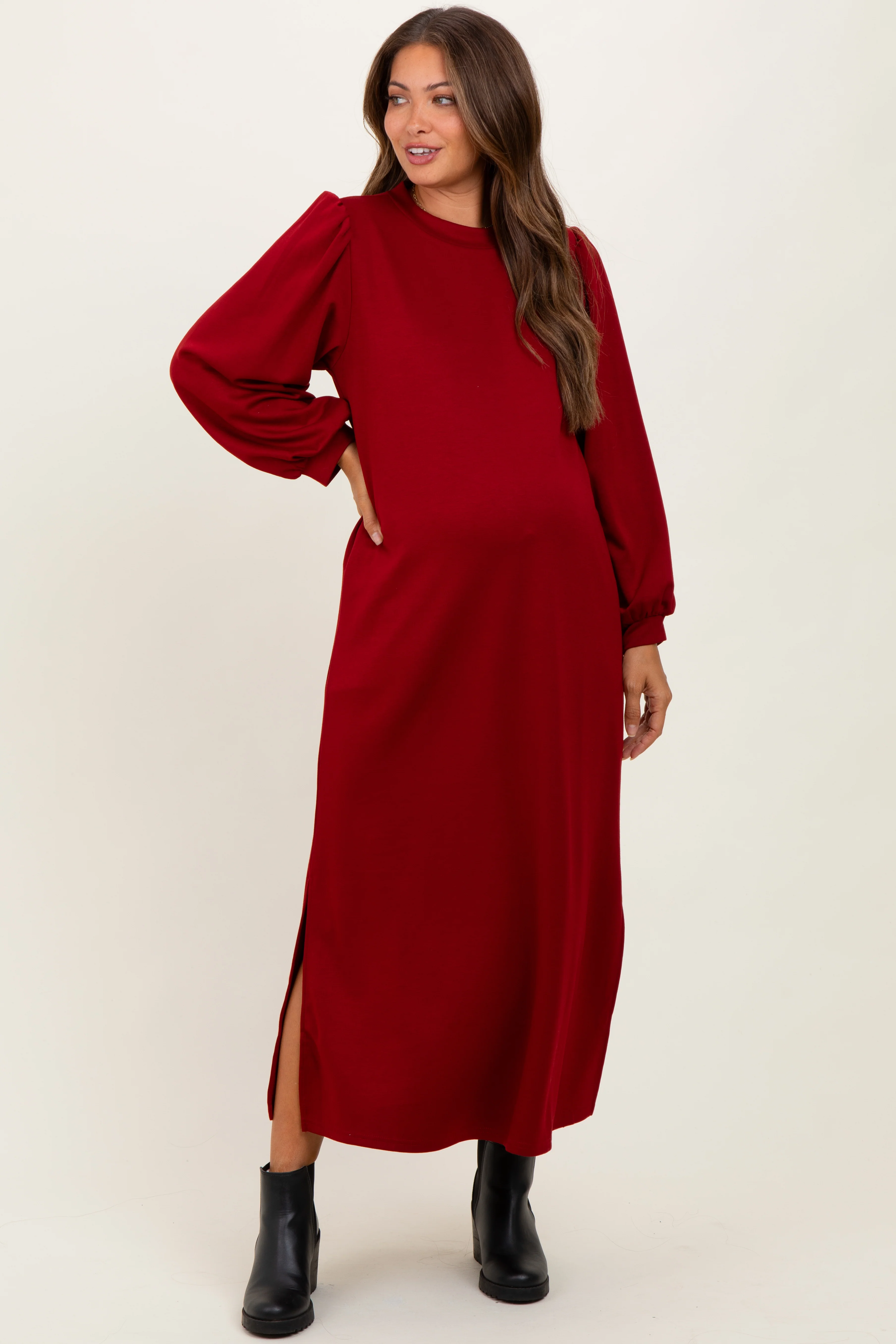 Burgundy Side Slit Detail Solid Maternity Midi Dress - Image 2