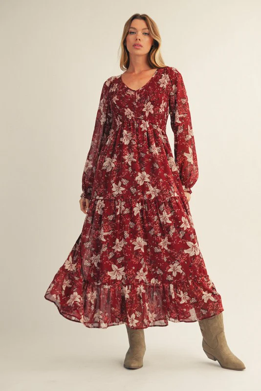Burgundy Smocked Floral Maternity Midi Dress - Image 5