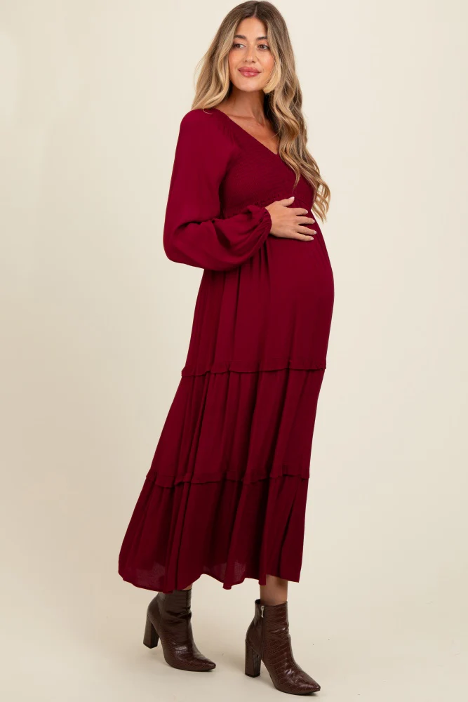 Burgundy Smocked Tiered Maternity Midi Dress - Image 3