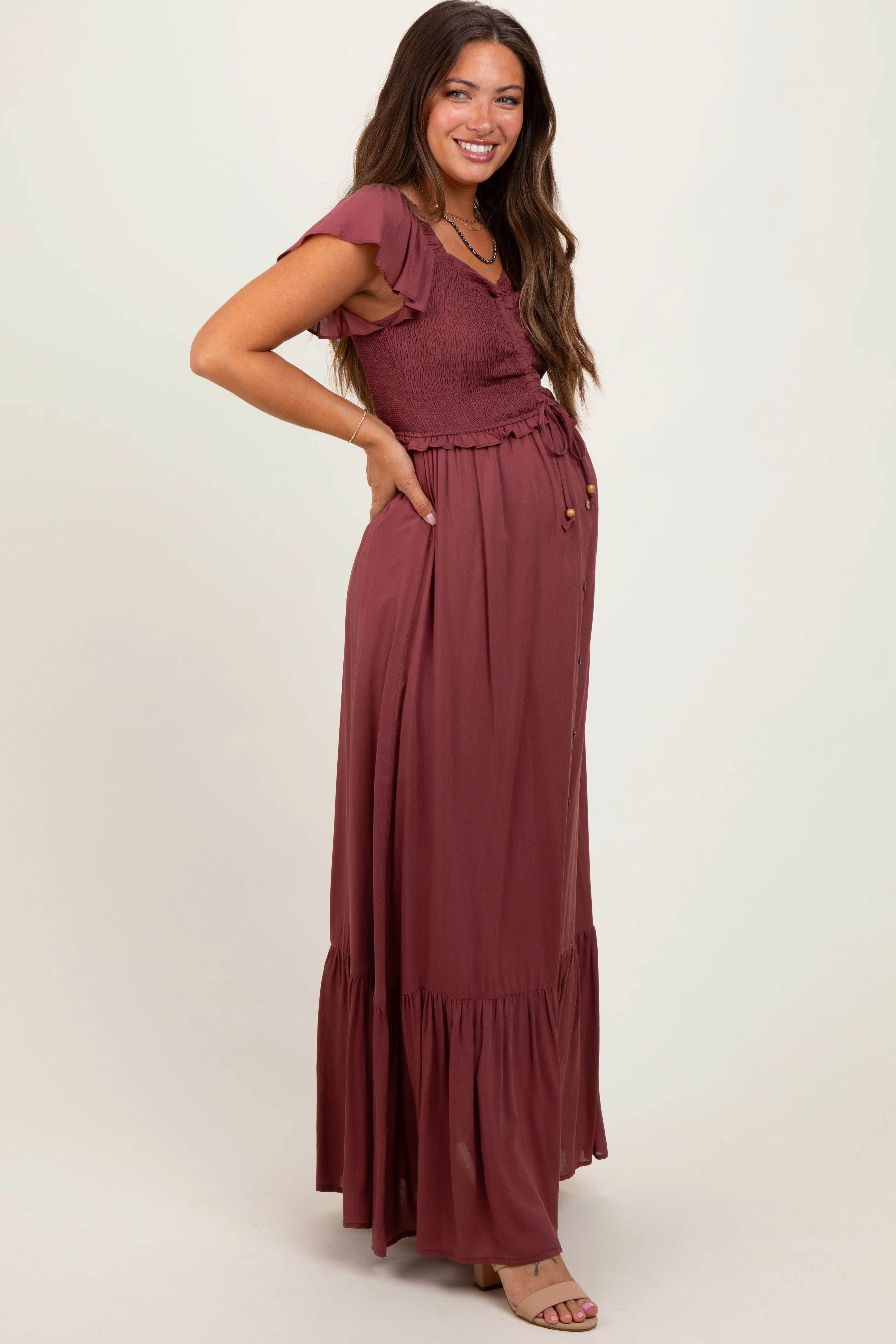 Burgundy Smocked Top Woven Maternity Maxi Dress - Image 3