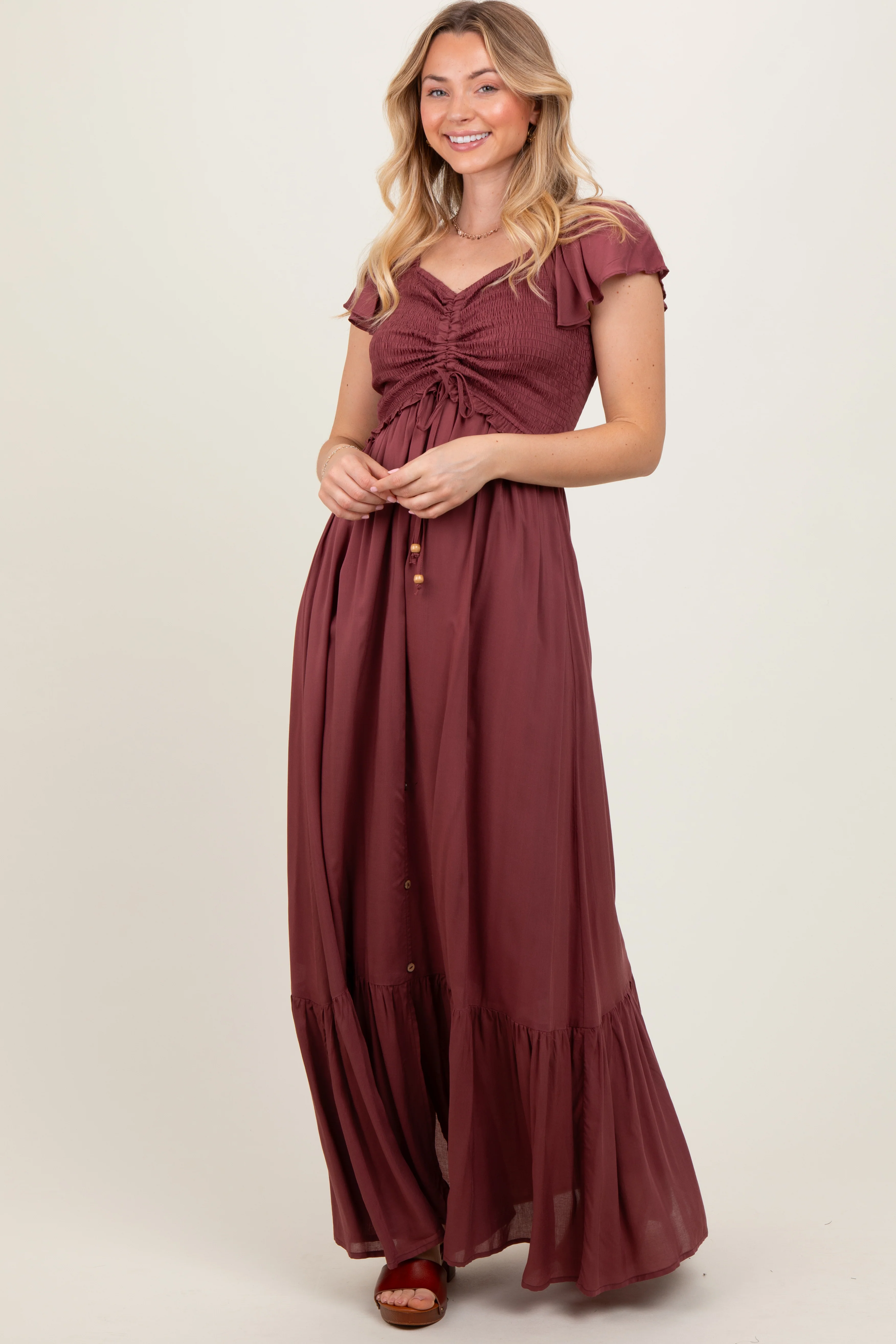 Burgundy Smocked Top Woven Maxi Dress - Image 3