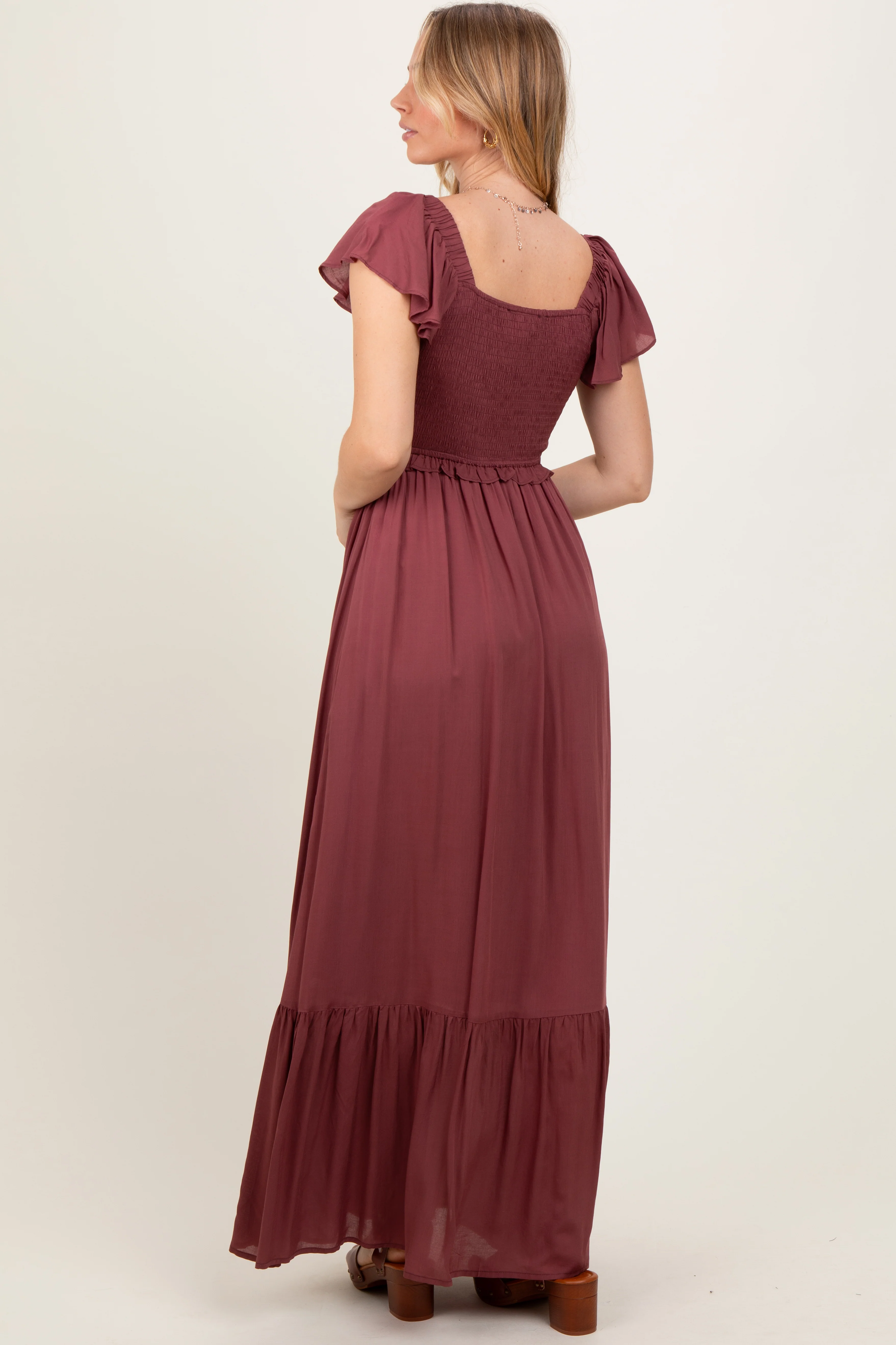 Burgundy Smocked Top Woven Maxi Dress - Image 4