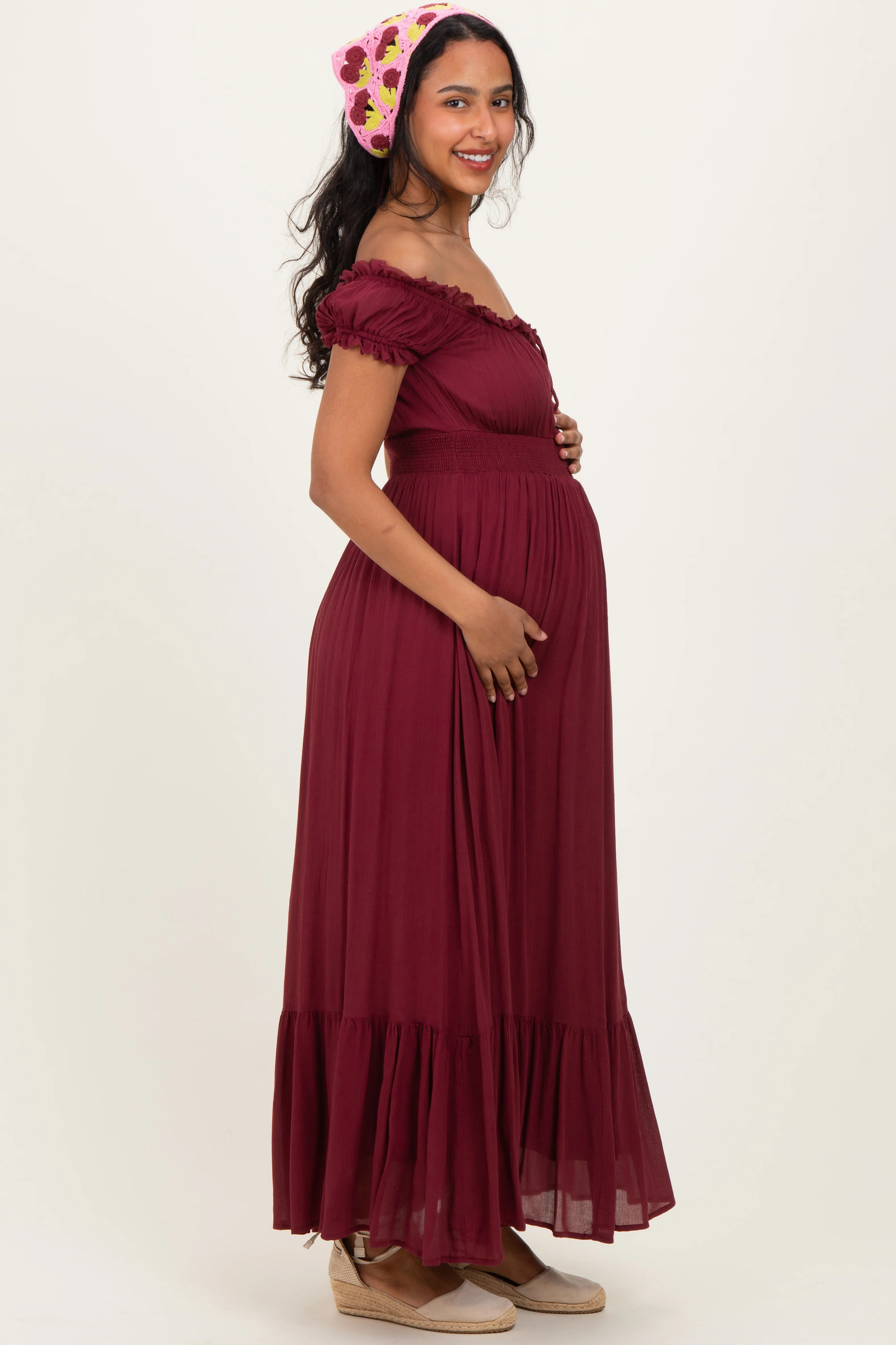 Burgundy Smocked Waist Off Shoulder Maternity Maxi Dress - Image 3