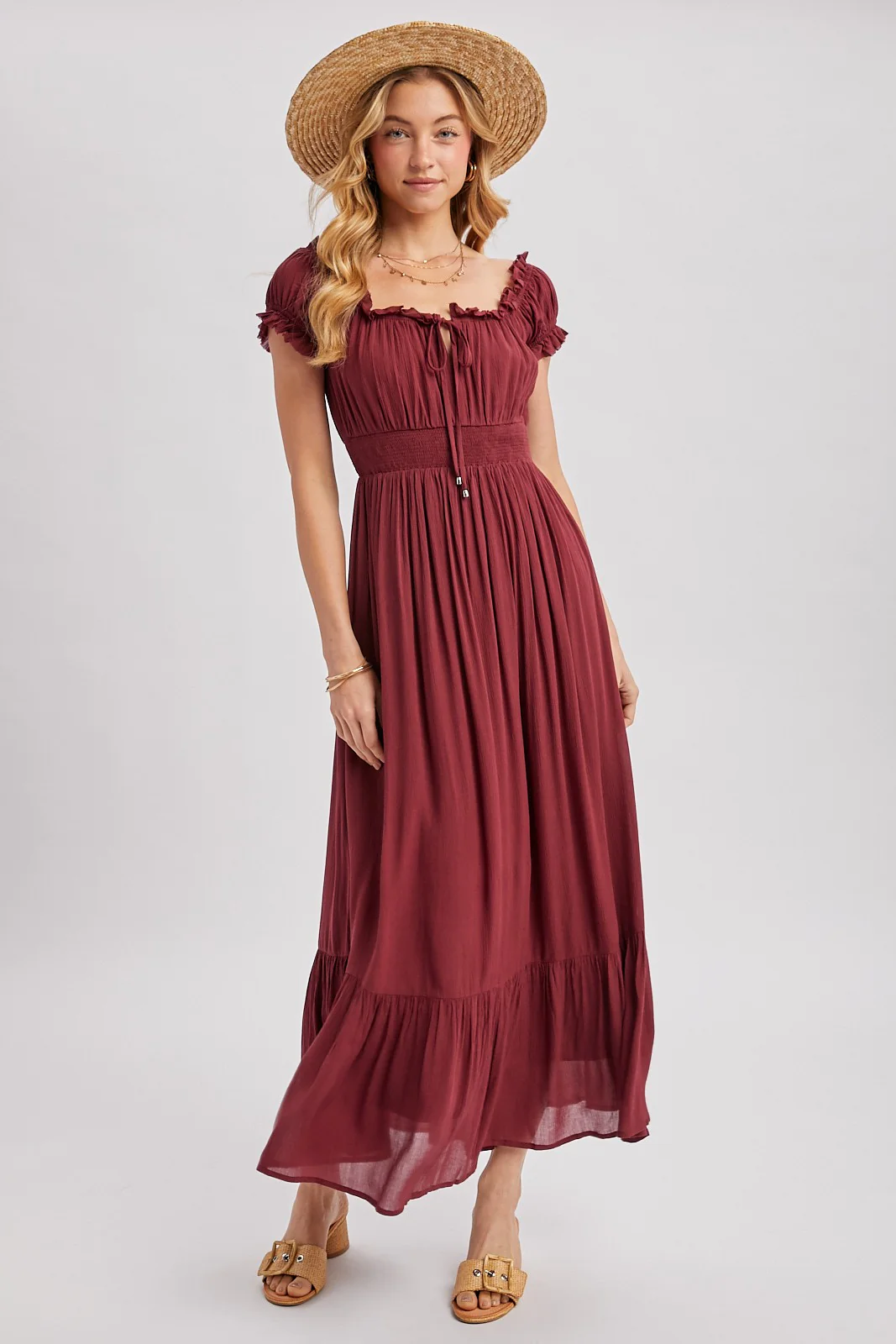 Burgundy Smocked Waist Off Shoulder Maternity Maxi Dress - Image 5