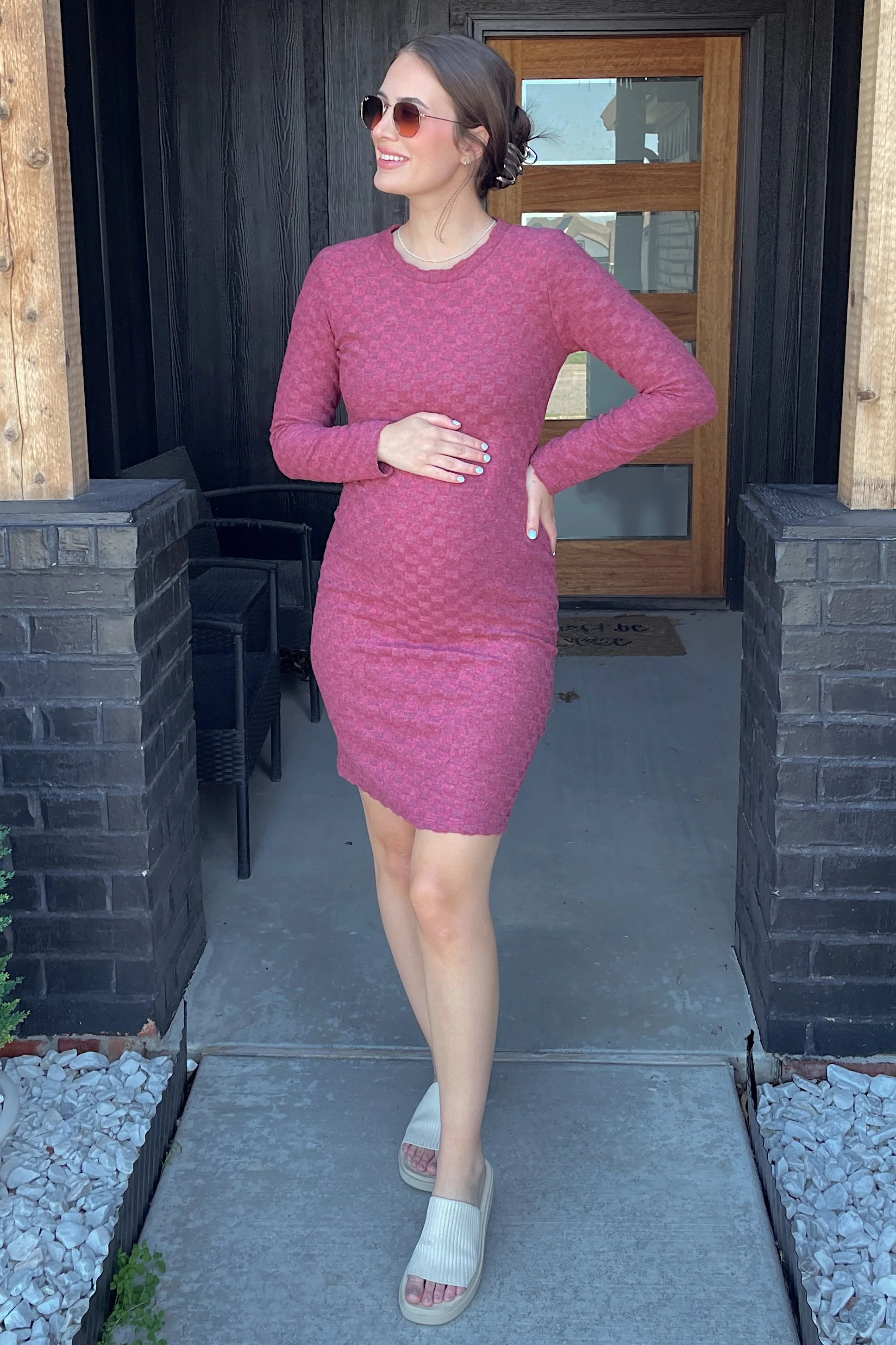 Burgundy Soft Brushed Knit Long Sleeve Maternity Dress - Image 5