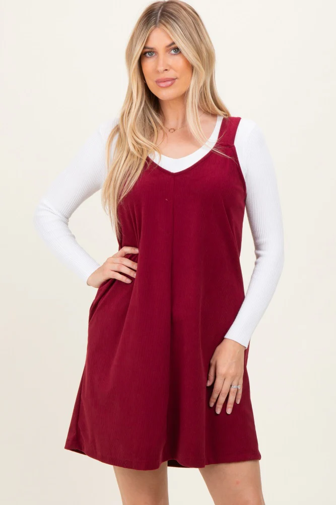 Burgundy Solid Corduroy V-Neck A-Line Maternity Mini Dress - Image 5