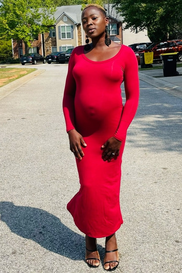 Burgundy Solid Long Sleeve Scoop Neck Maternity Maxi Dress - Image 5
