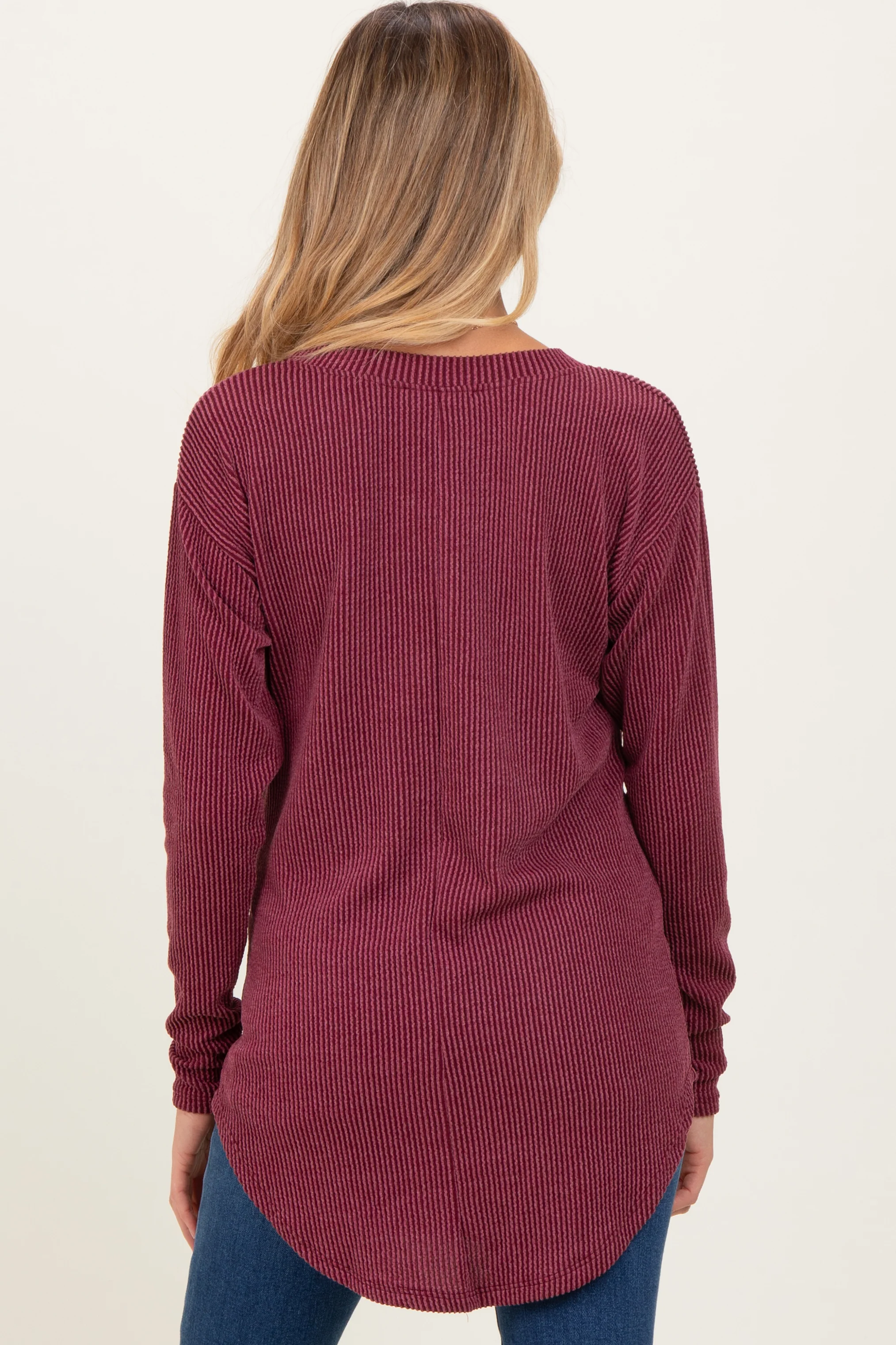 Burgundy Solid Ribbed Long Sleeve Maternity Tunic Top - Image 3