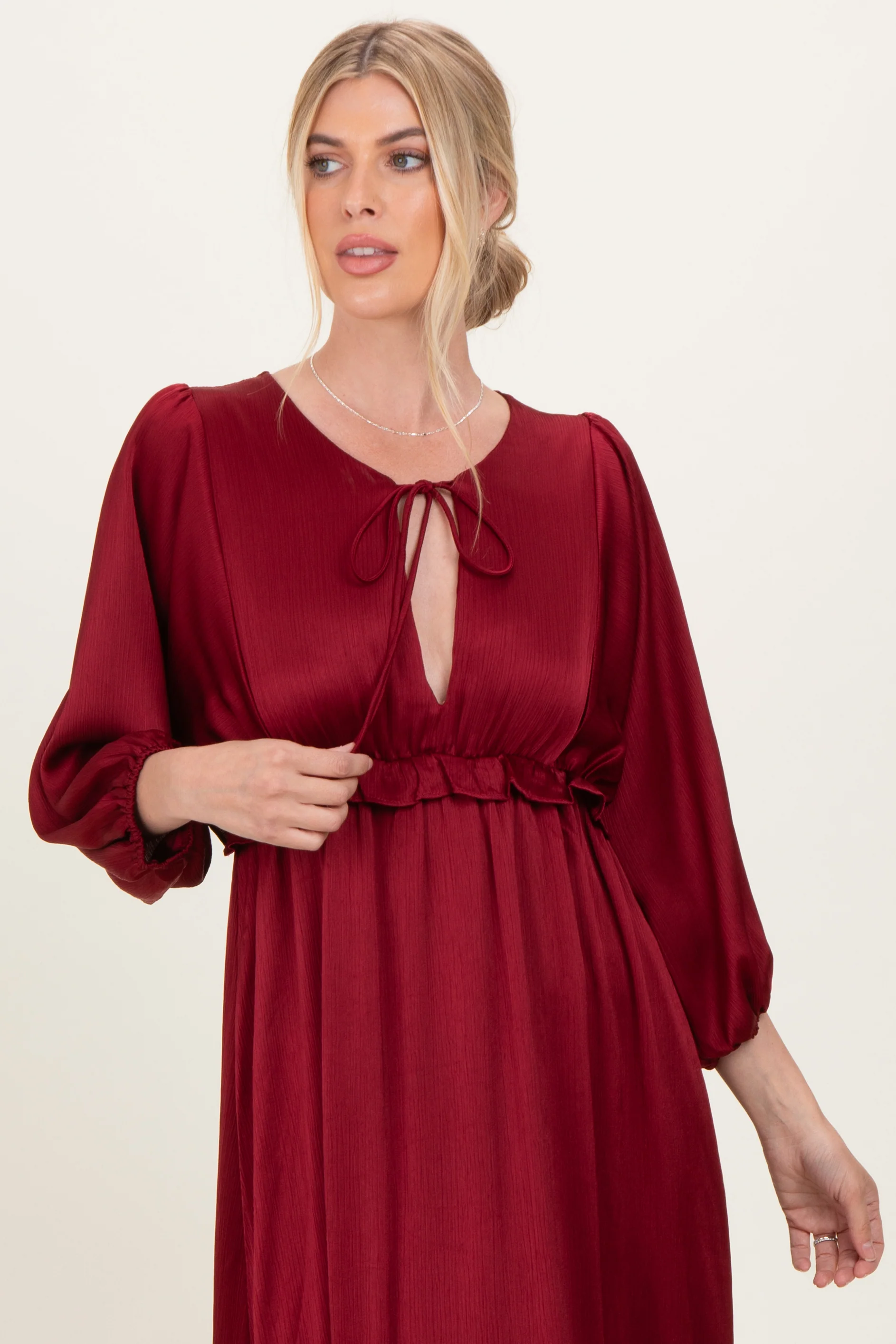 Burgundy Solid Satin Long Sleeve Open V-Neck Ruffle Waist Tiered Maxi Dress - Image 2