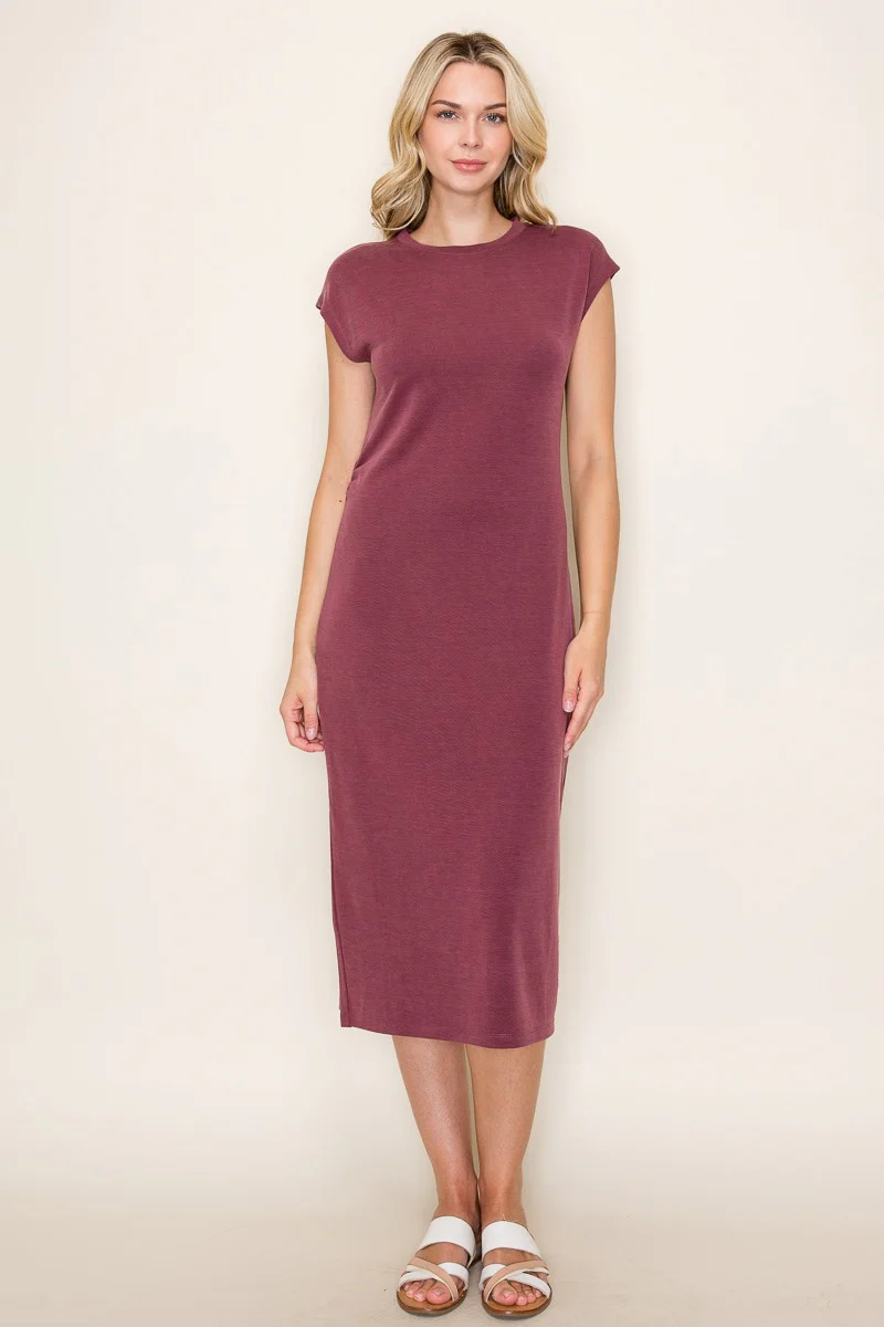 Burgundy Solid Short Sleeve Midi Dress - Image 3