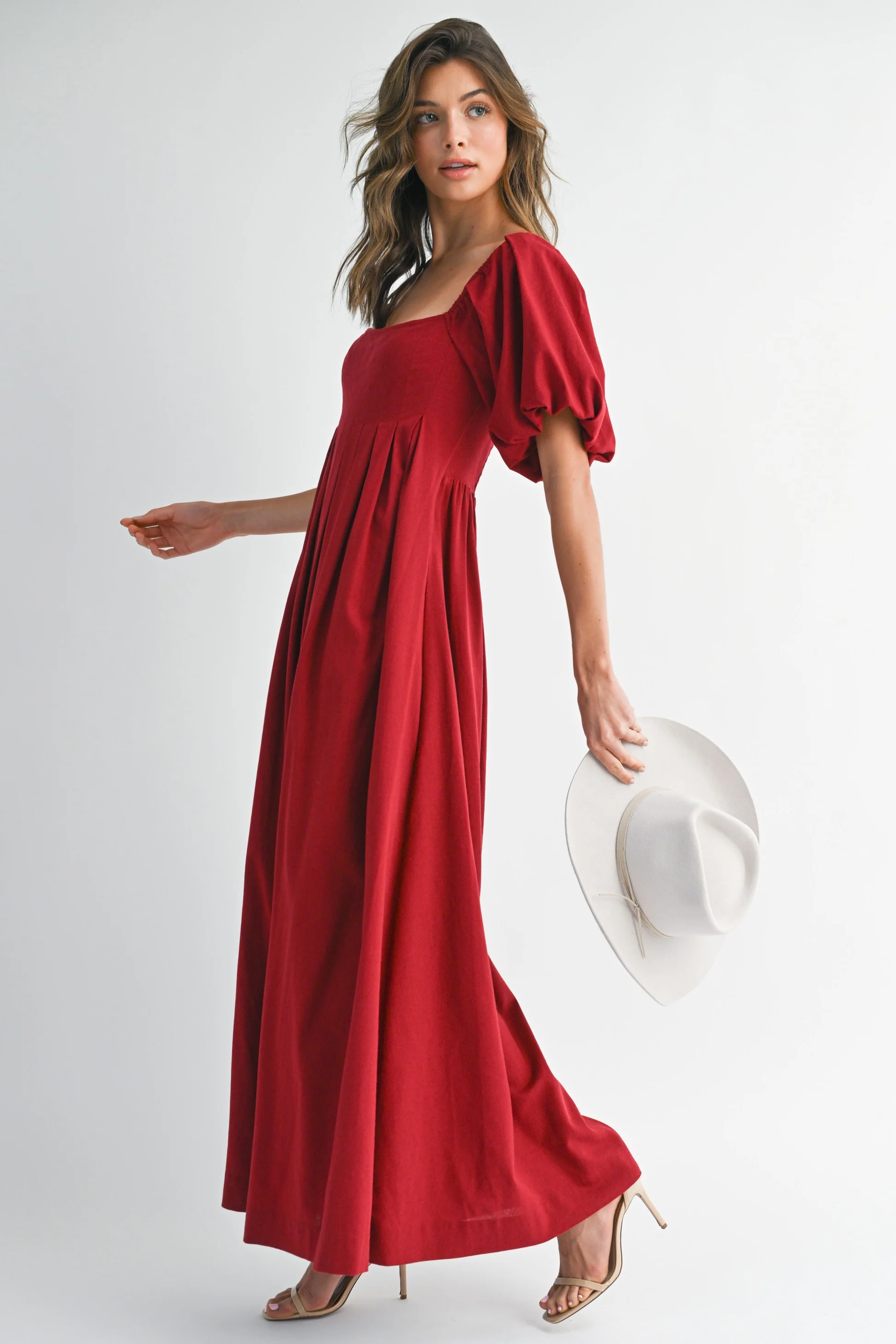 Burgundy Square Neck Puff Sleeve Maxi Dress - Image 3