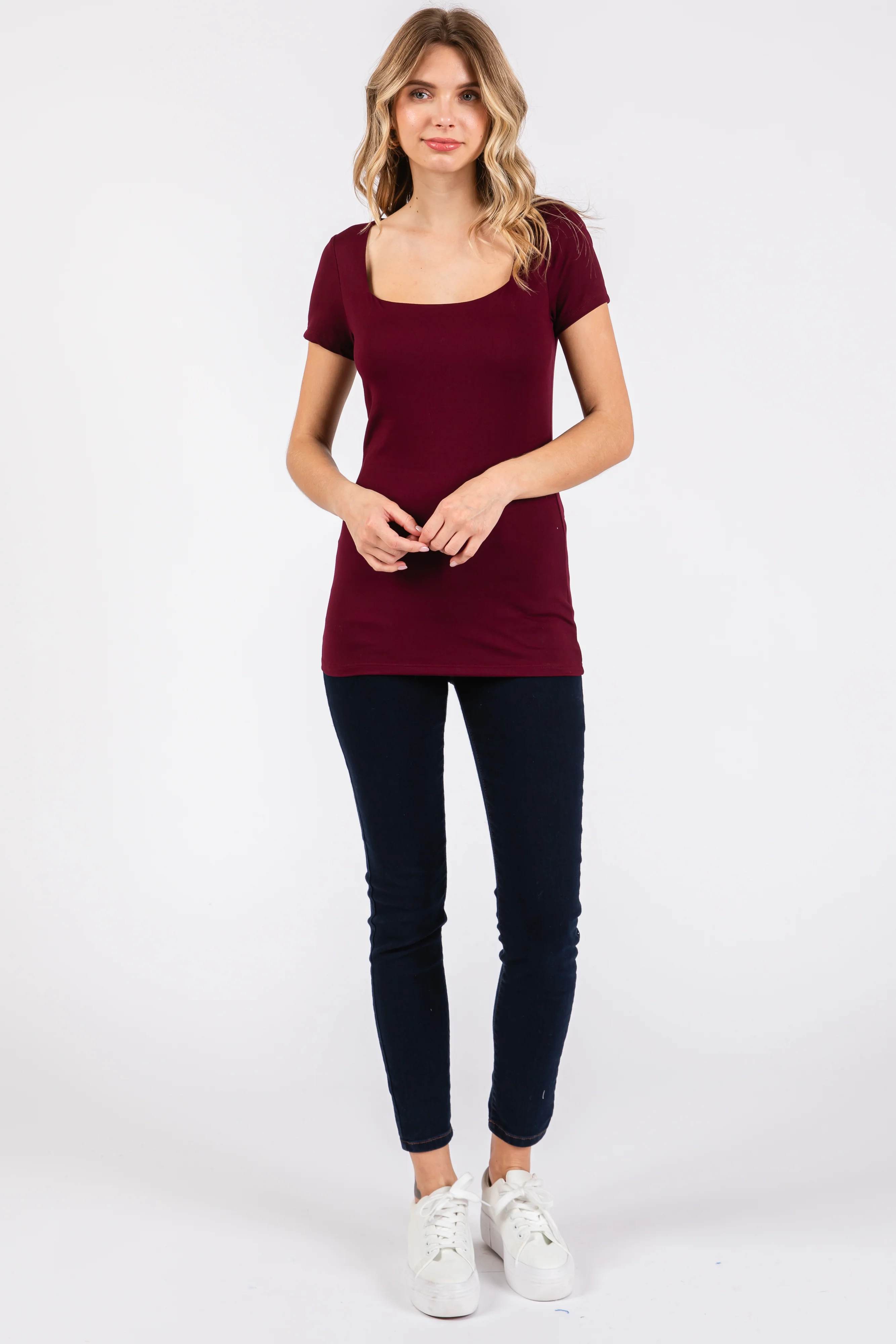 Burgundy Square Neck Short Sleeve Top - Image 4