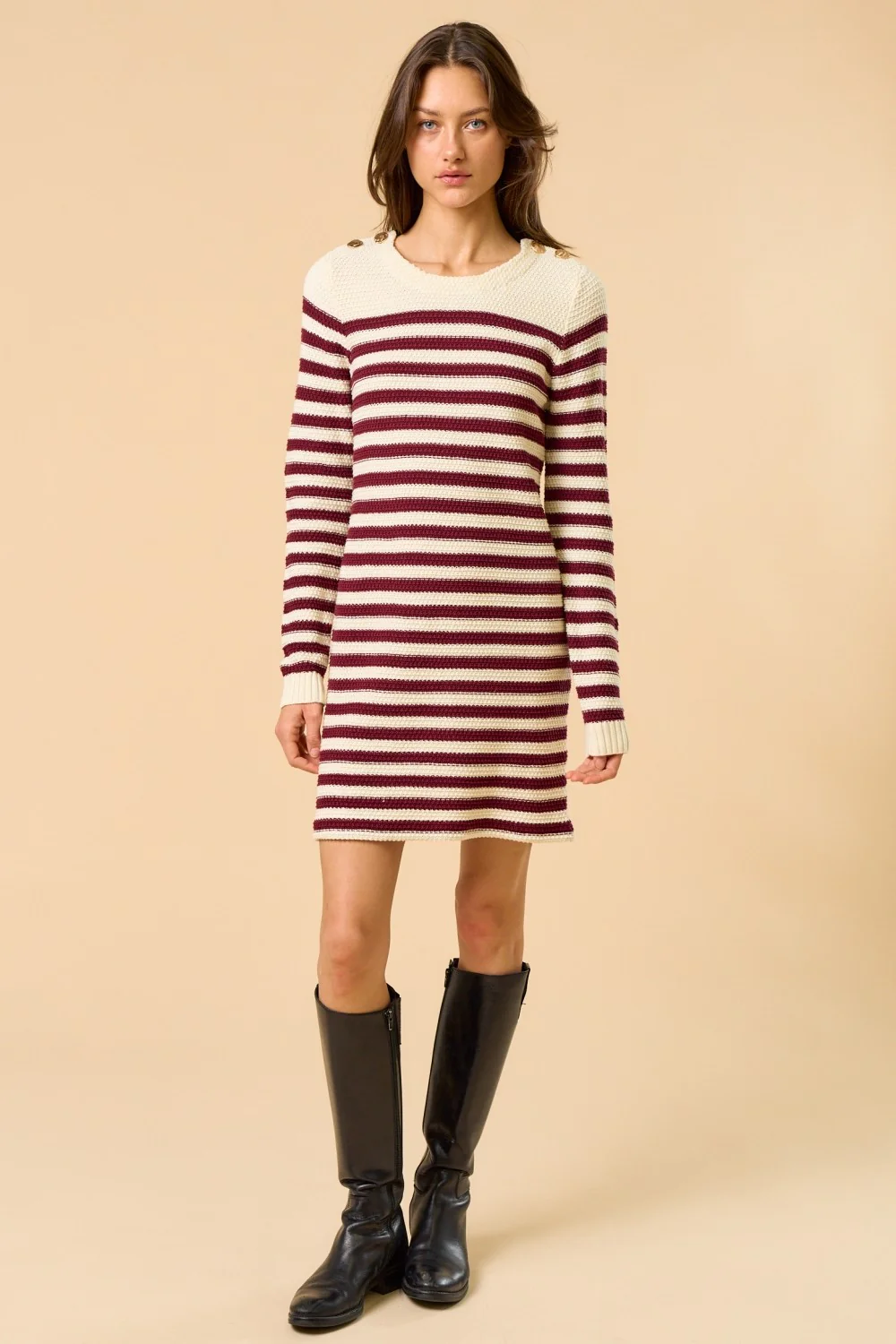 Burgundy Striped Button Accent Mini Sweater Dress - Image 4
