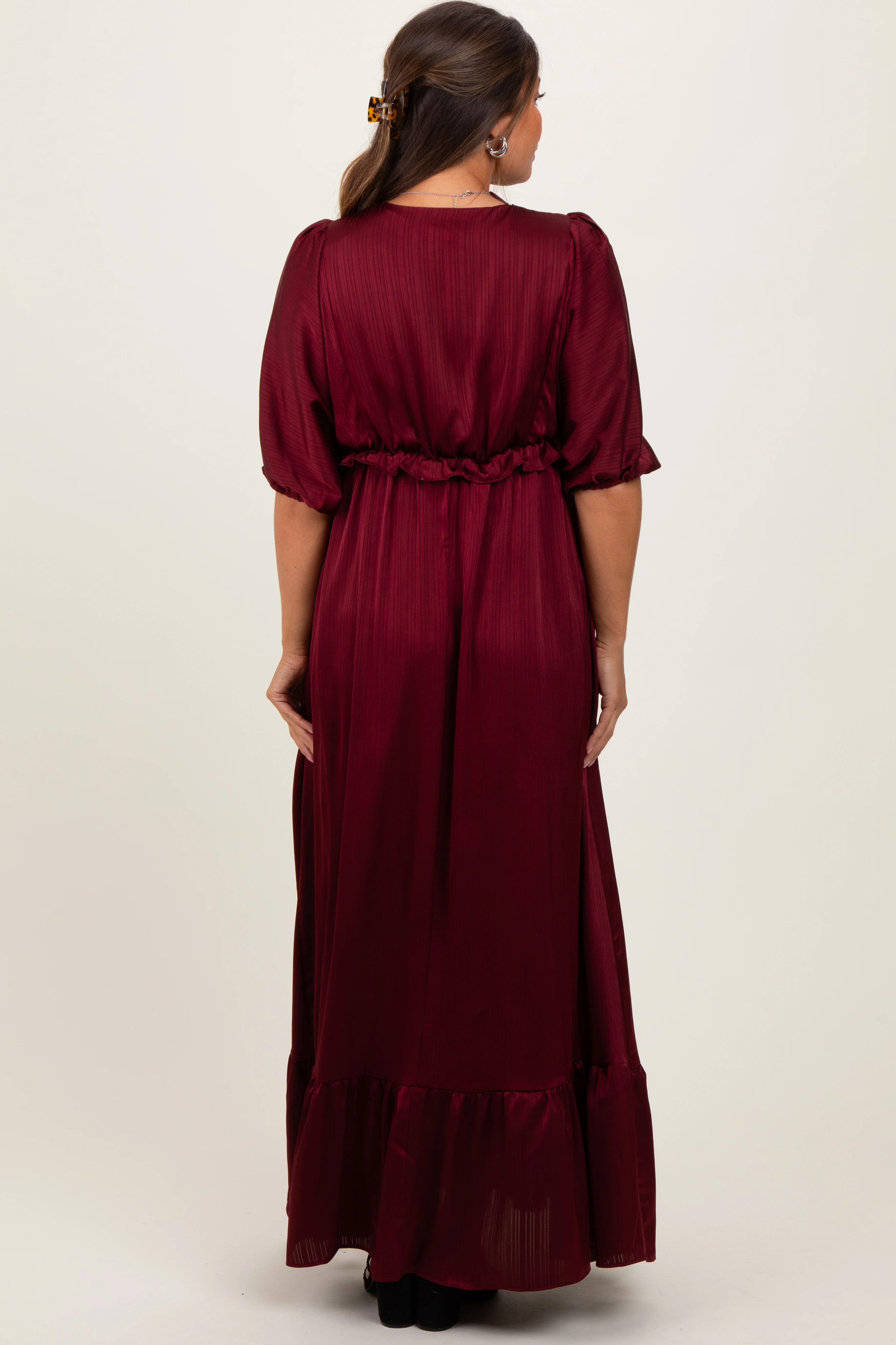 Burgundy Striped Ruffle Accent Maternity Maxi Dress - Image 3