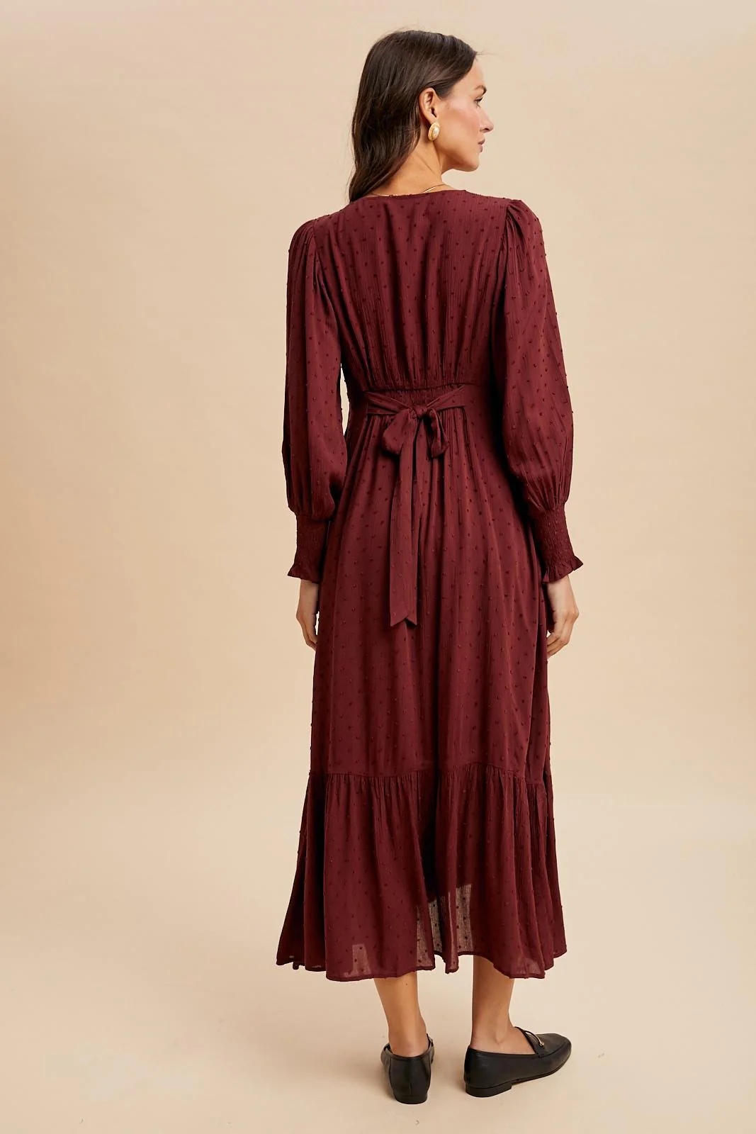 Burgundy Swiss Dot Button Down Maxi Dress - Image 4