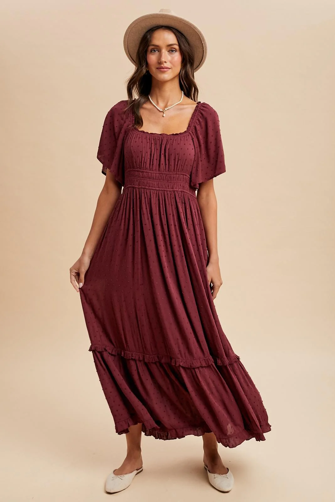 Burgundy Swiss Dot Ruffle Trim Maternity Maxi Dress - Image 5