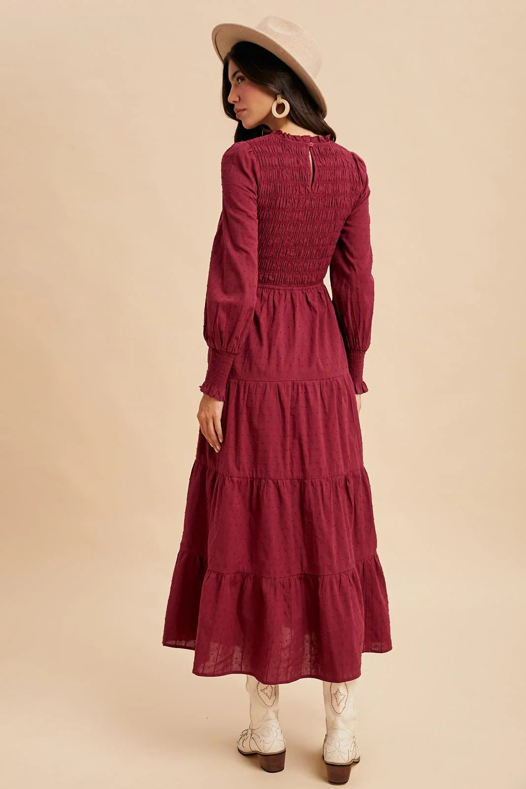Burgundy Swiss Dot Smocked Tiered Maxi Dress - Image 5