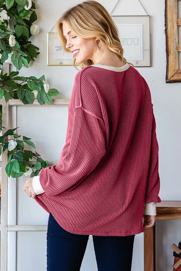 Burgundy Textured Rib Bubble Sleeve Henley - Image 2