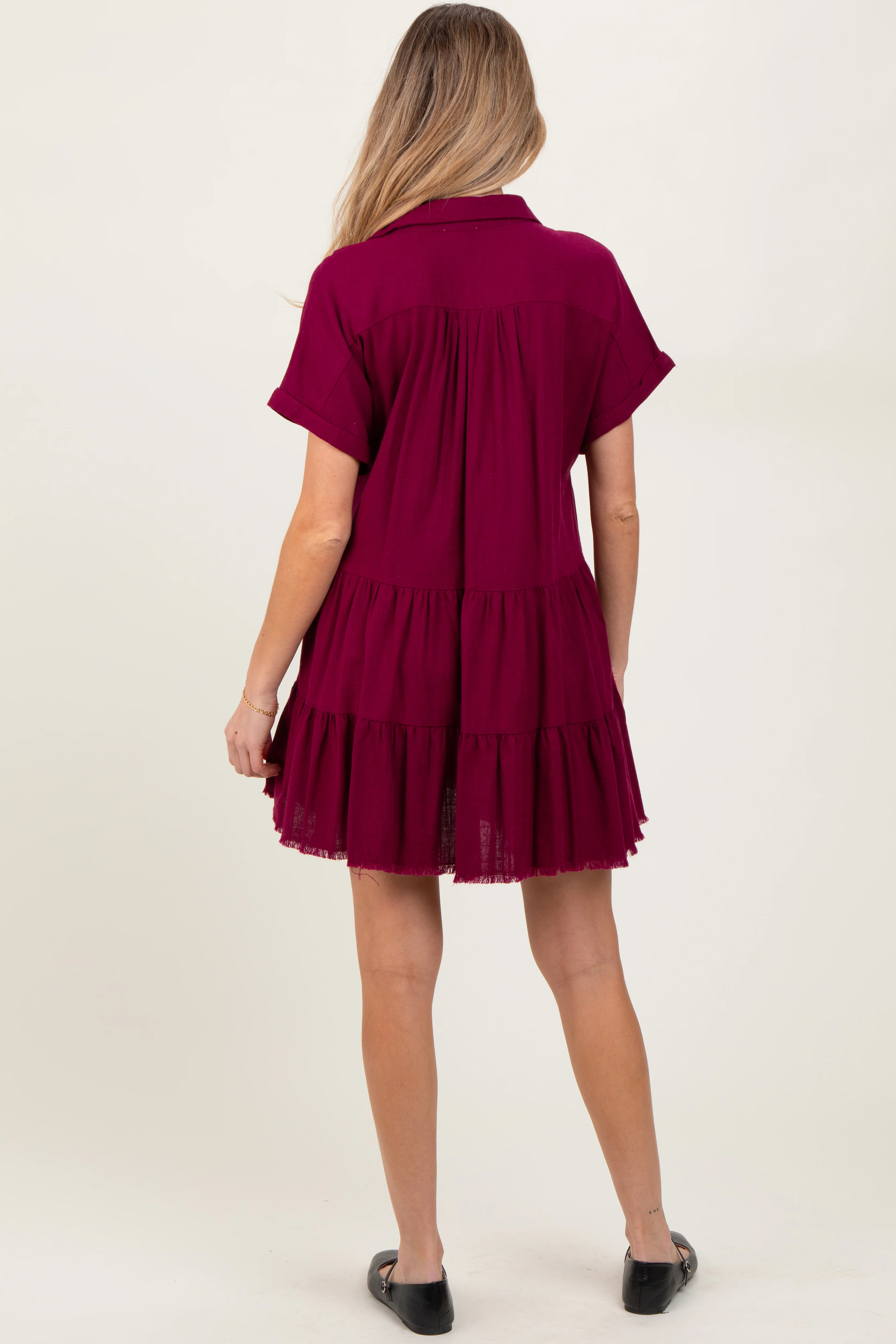 Burgundy Tiered Linen Maternity Dress - Image 4