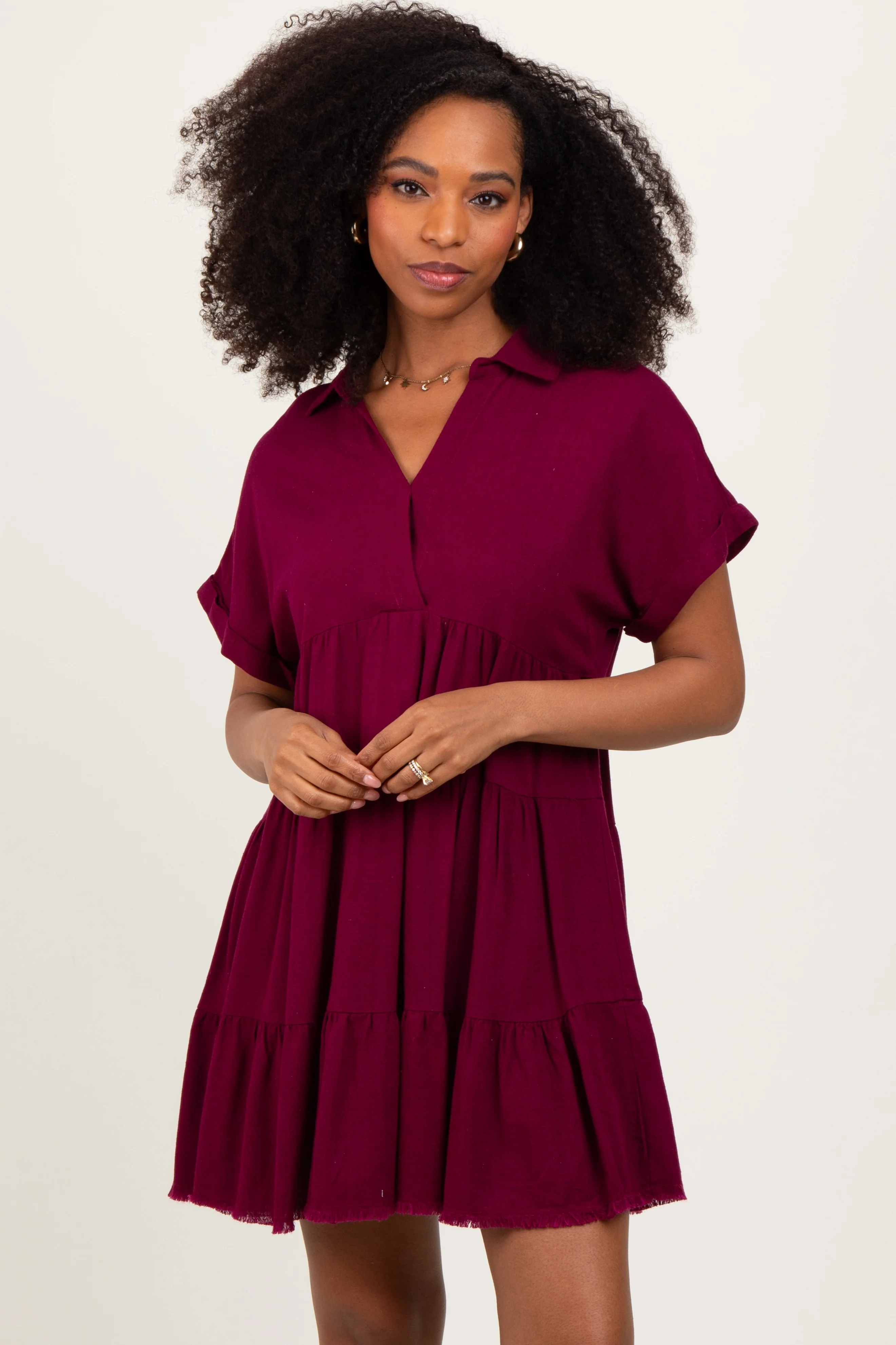 Burgundy Tiered Linen Maternity Dress - Image 5