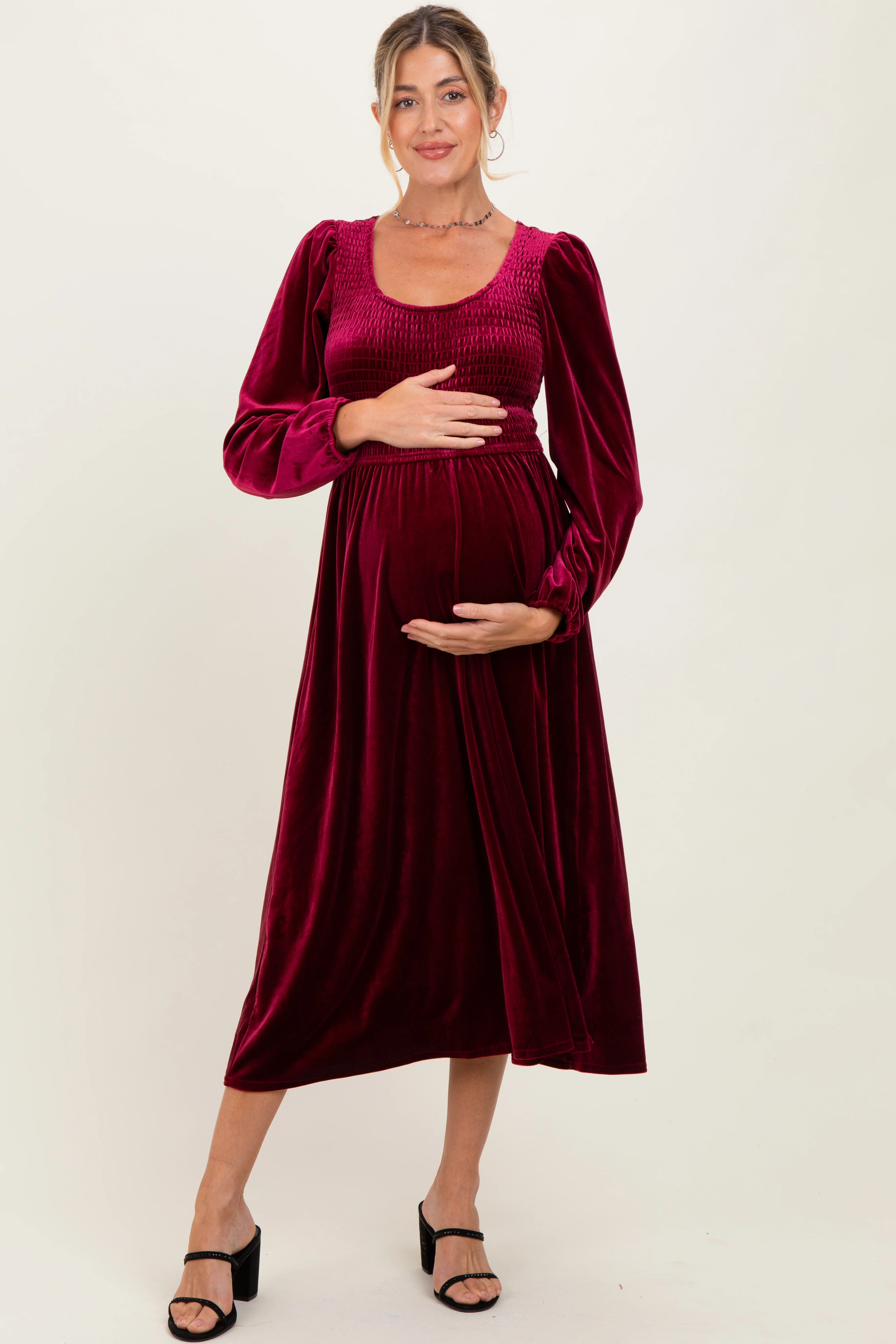 Burgundy Velvet Smocked Long Sleeve Maternity Midi Dress - Image 2