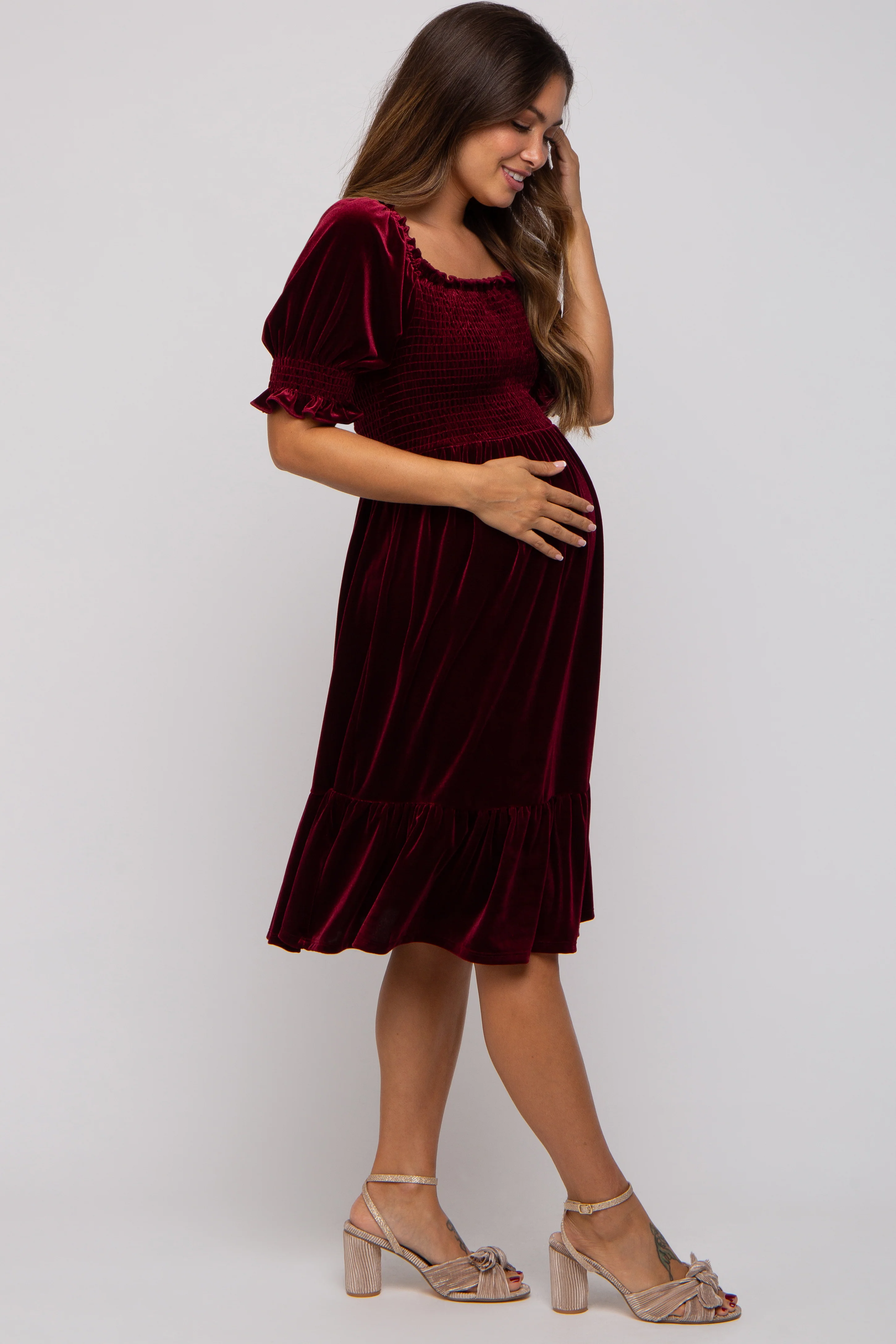 Burgundy Velvet Smocked Puff Sleeve Maternity Dress - Image 3