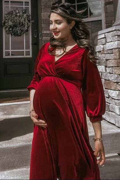 Burgundy Velvet Wrap Front Babydoll Maternity Dress - Image 7