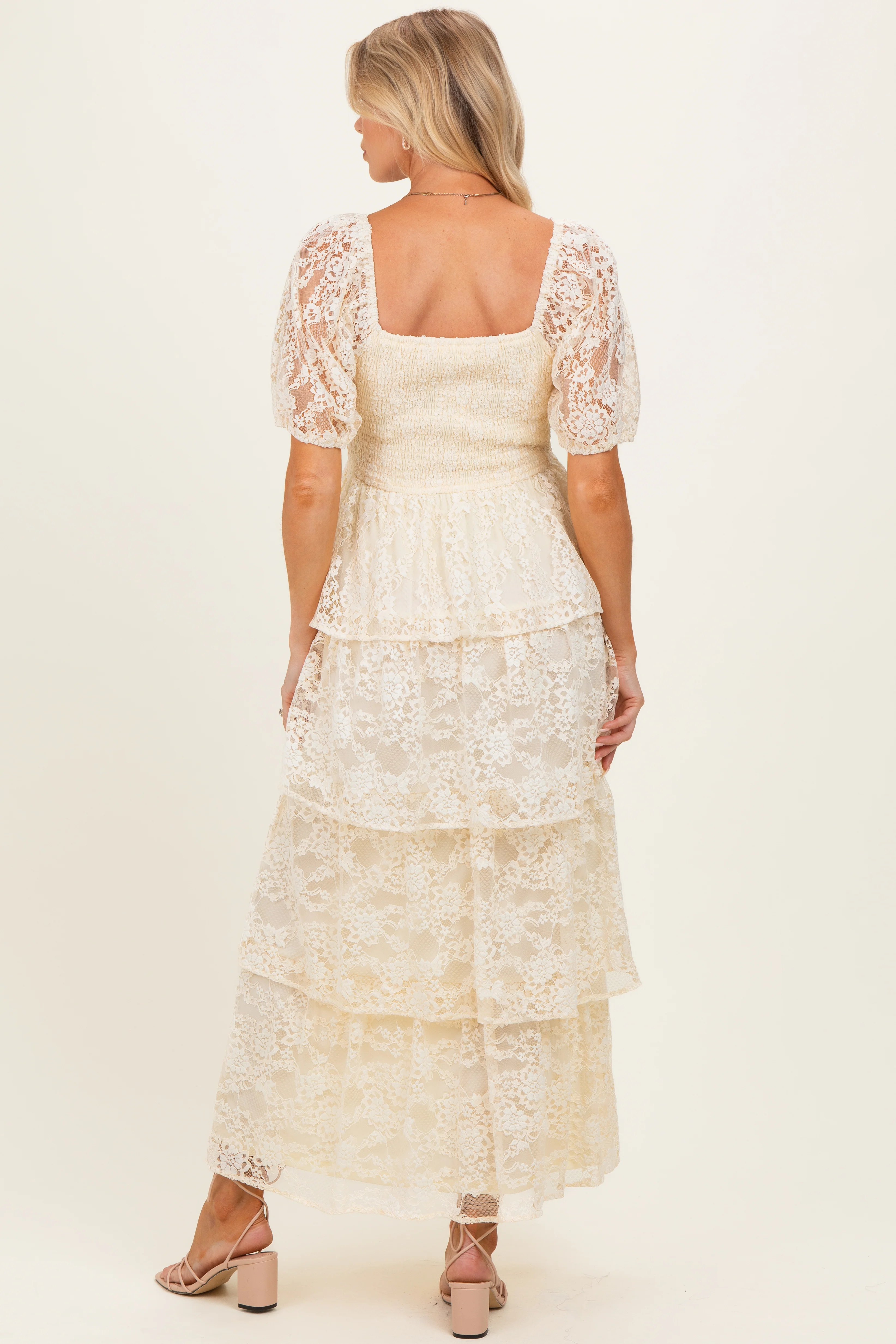Butter Cream Lace Tiered Smocked Maternity Midi Dress - Image 3