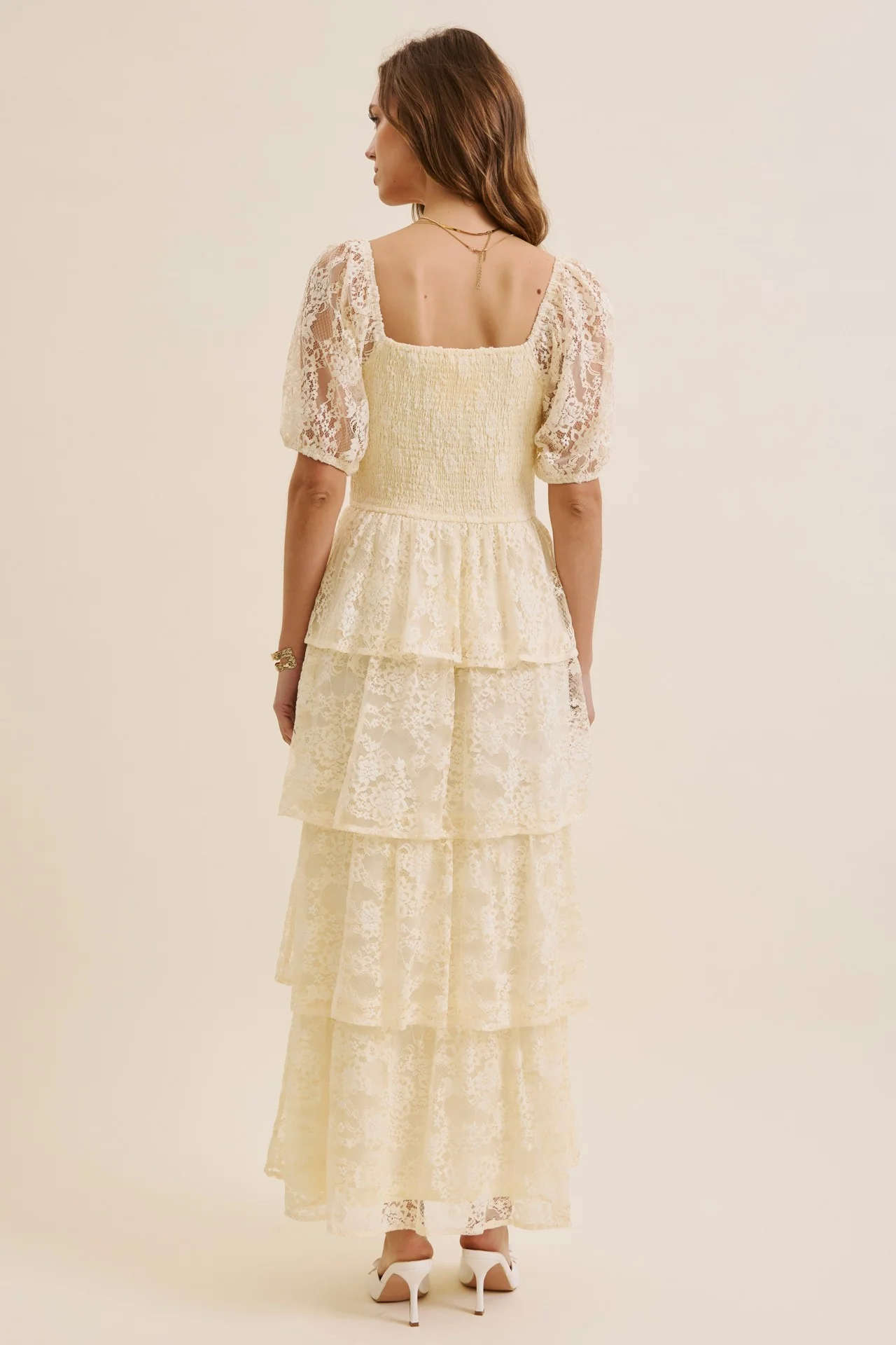 Butter Cream Lace Tiered Smocked Midi Dress - Image 4