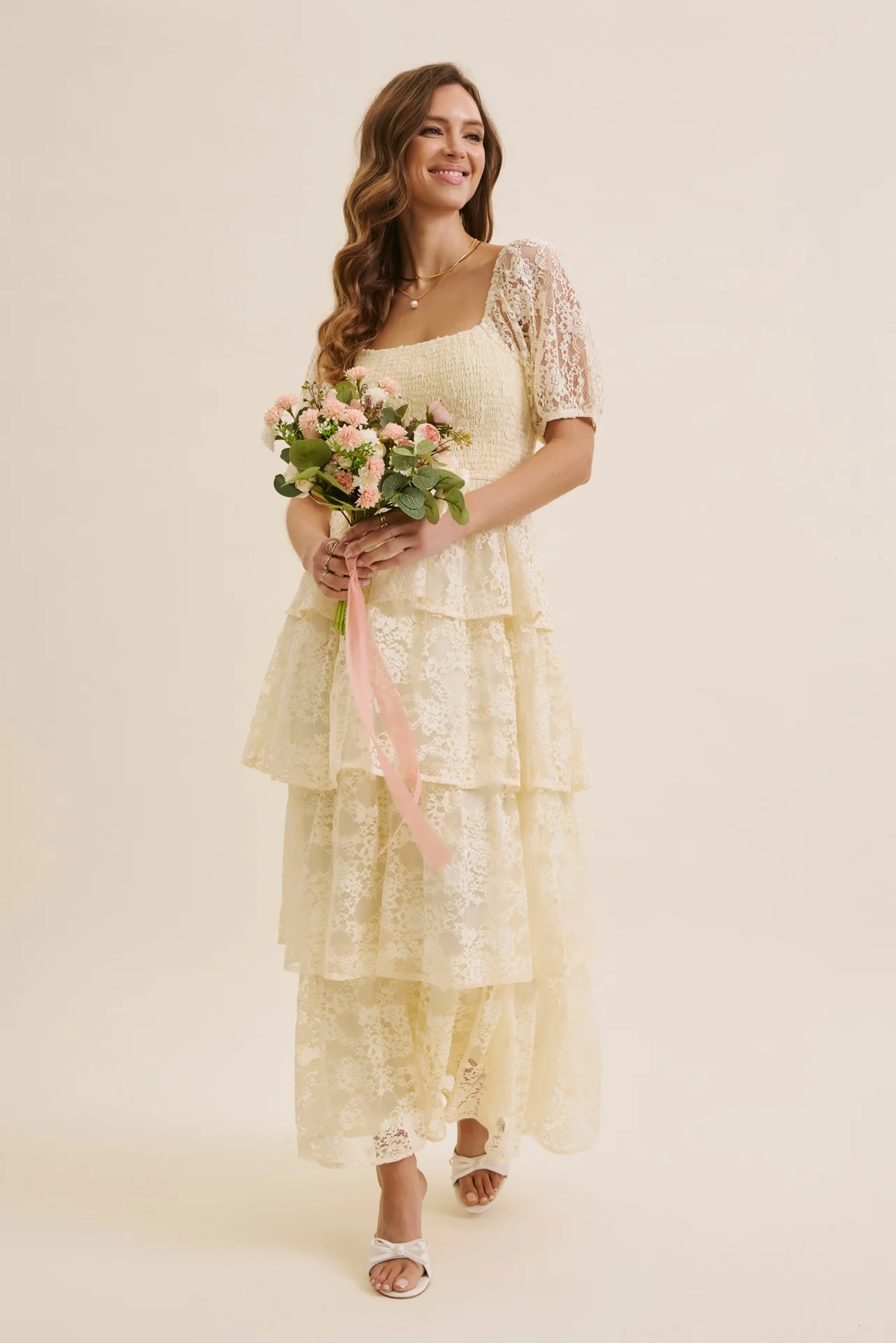 Butter Cream Lace Tiered Smocked Midi Dress - Image 5