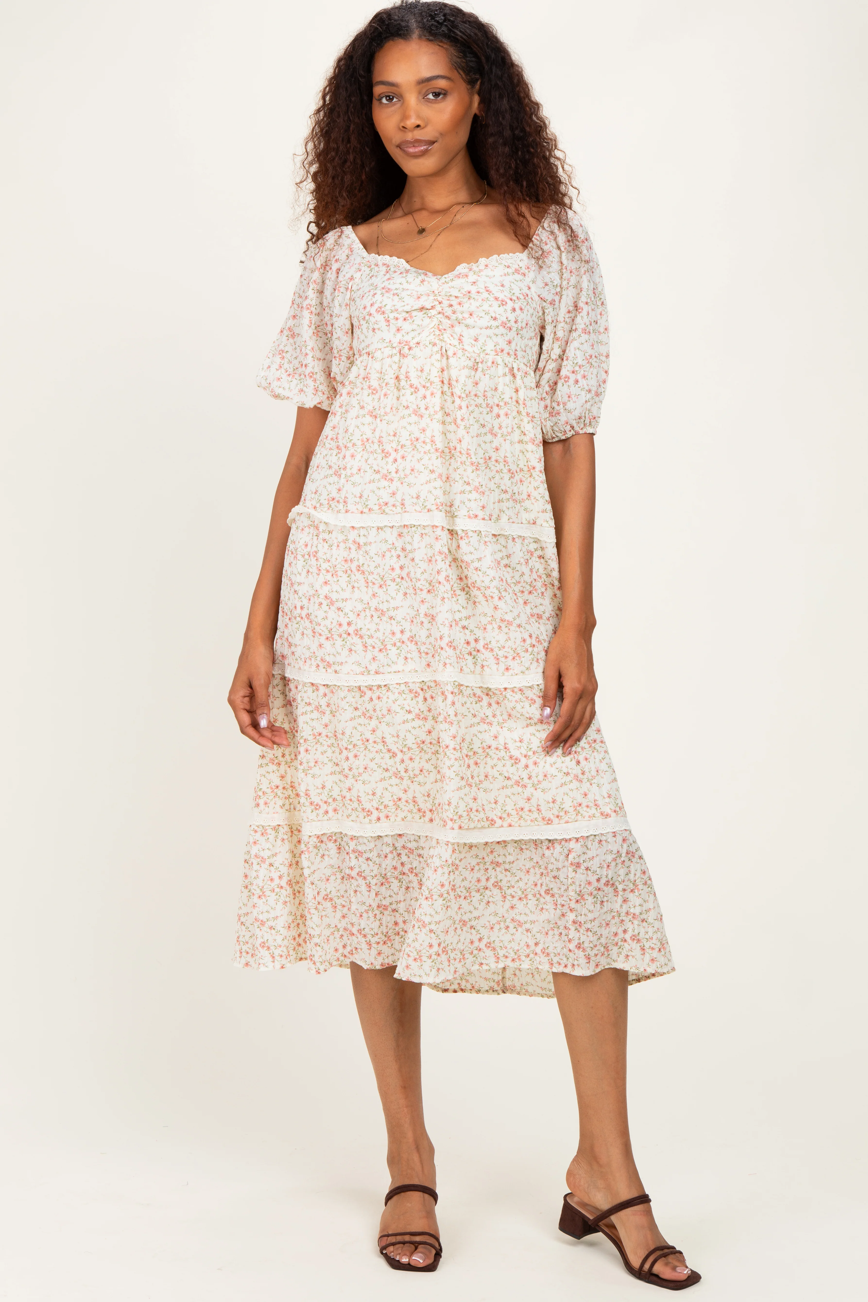 Butter Floral Lace Trim Tiered Maternity Midi Dress - Image 5