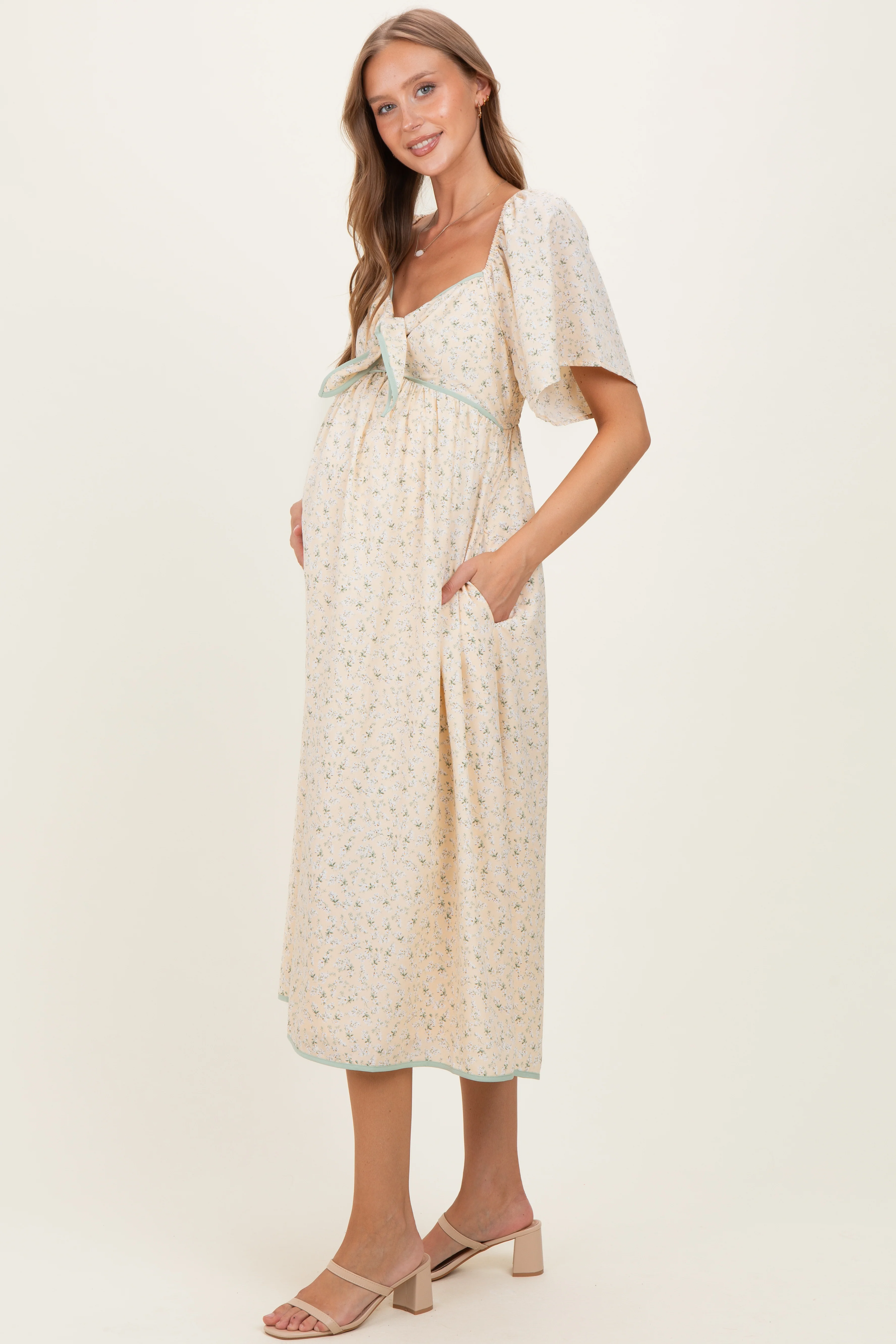 Butter Yellow Floral Tie Front Flutter Sleeve Maternity Midi Dress - Image 3