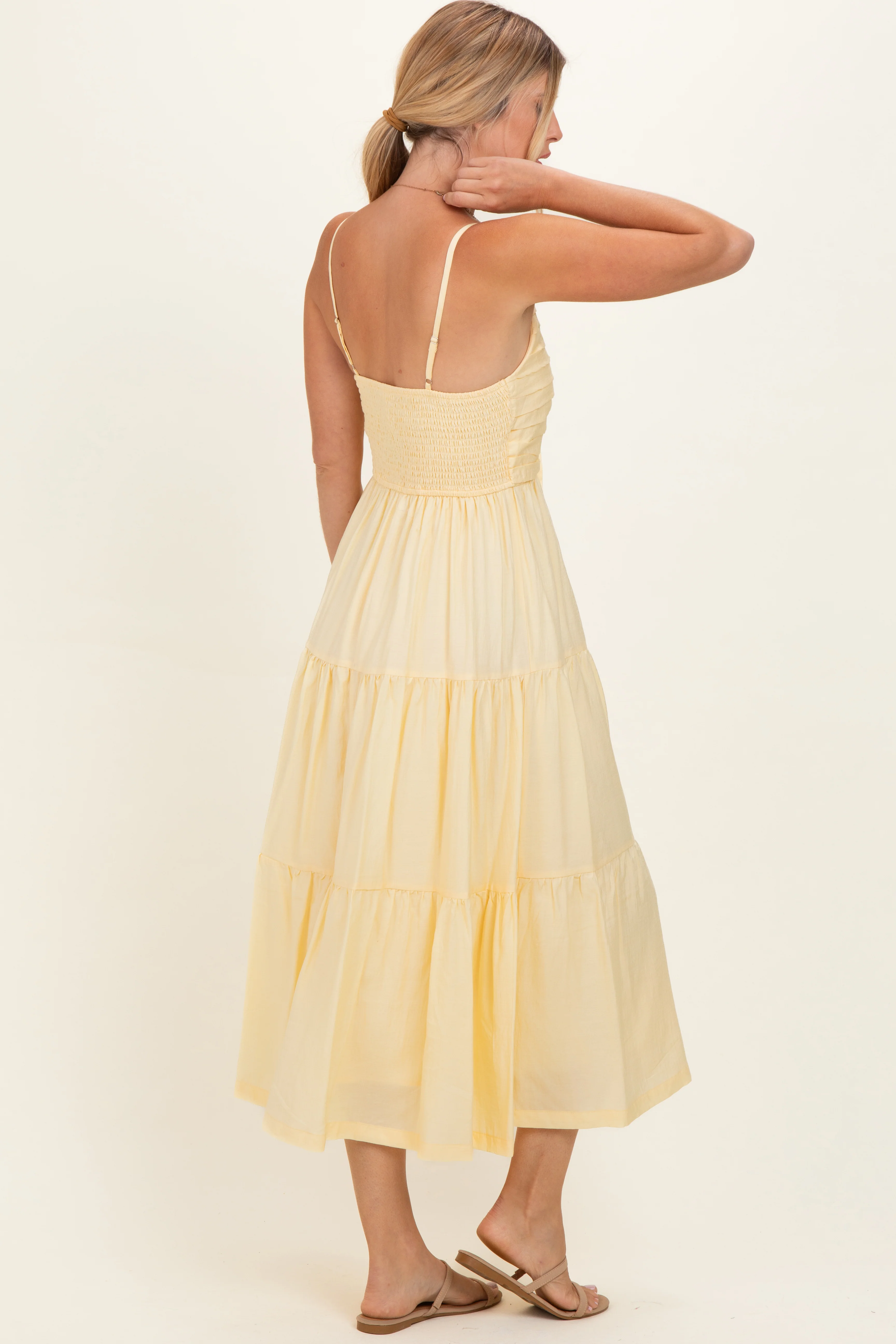Butter Yellow Pleated Front Tie Sleeveless Midi Dress - Image 3
