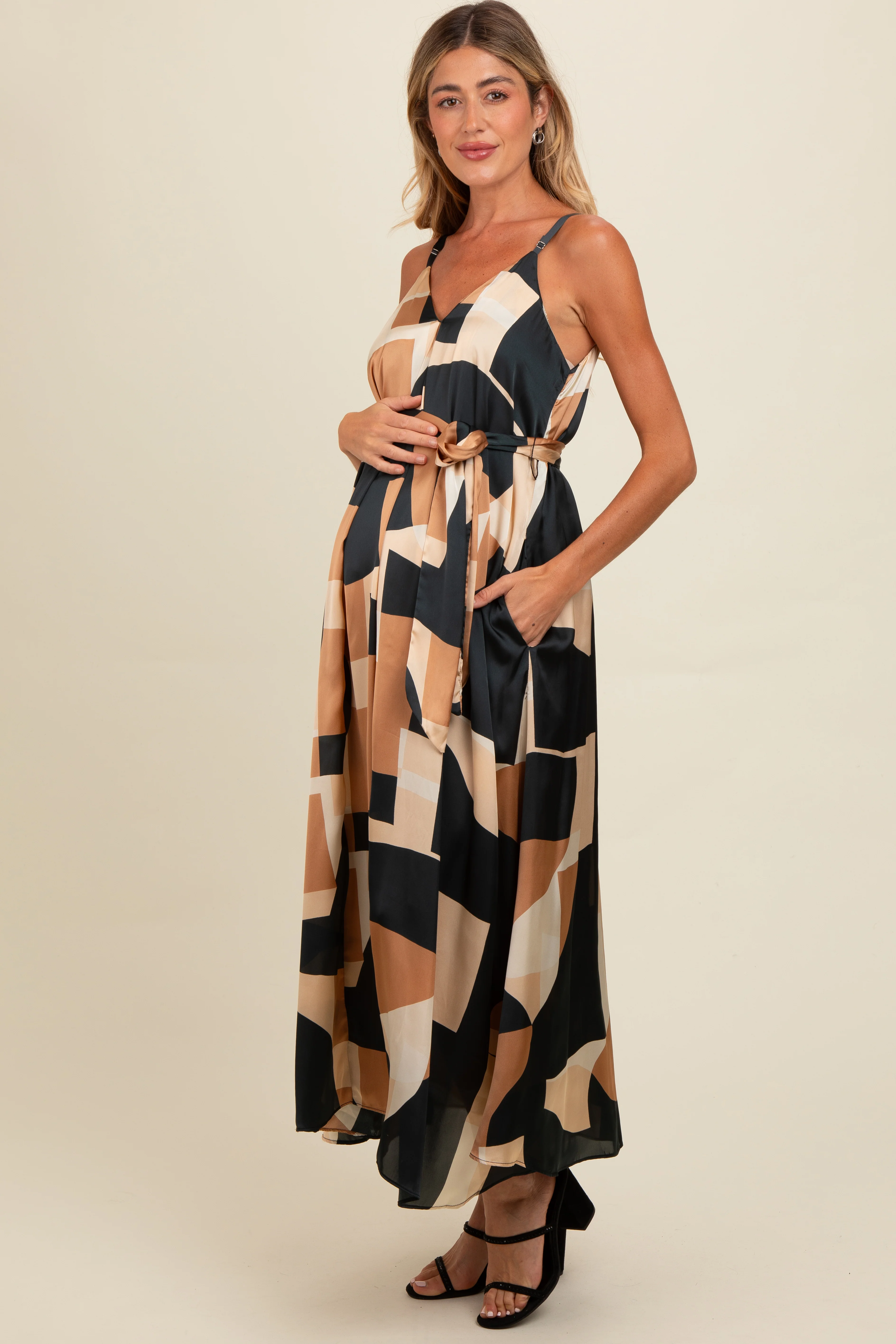 Camel Abstract Print Sash Tie Maternity Maxi Dress - Image 3