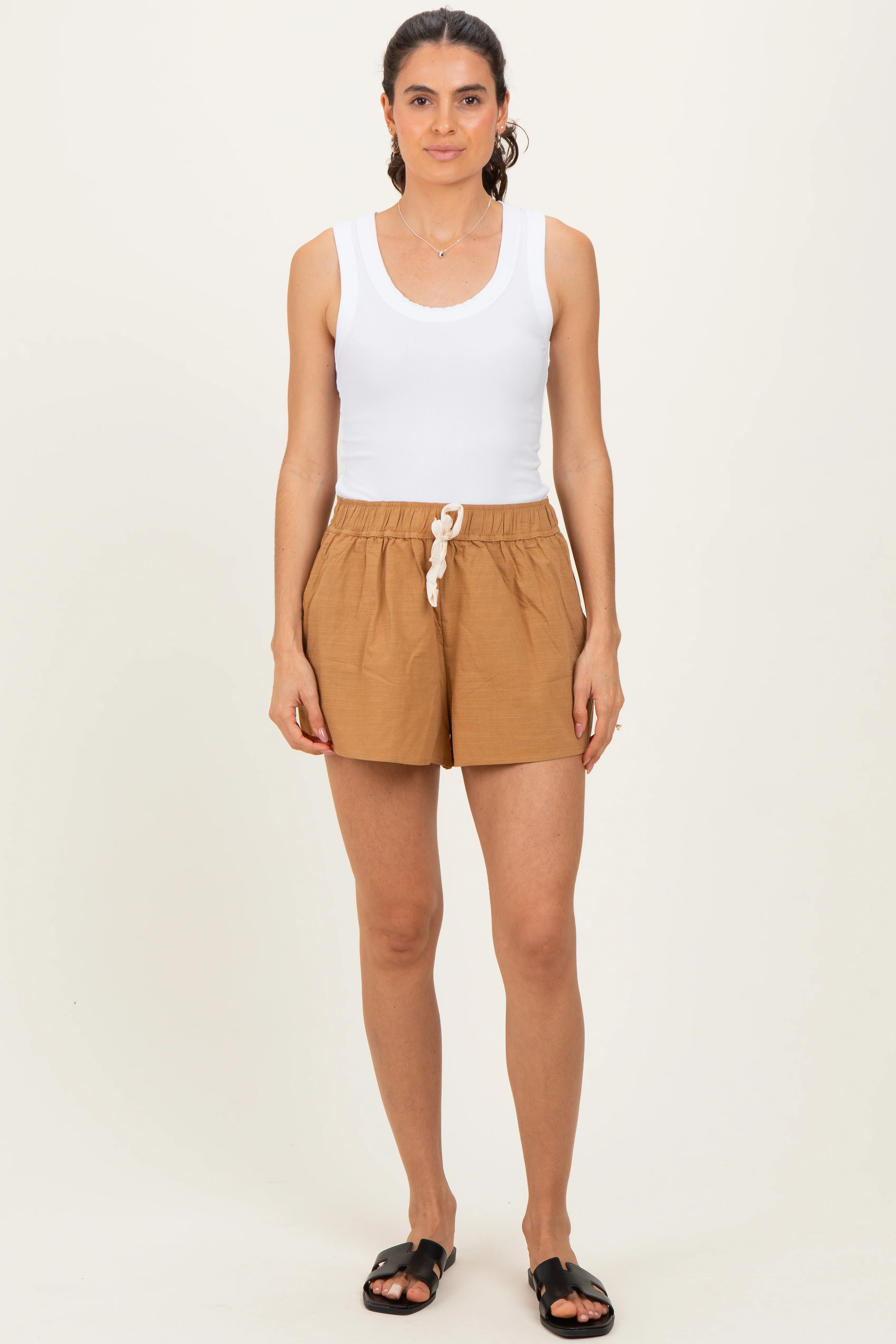 Camel Drawstring Maternity Shorts - Image 6