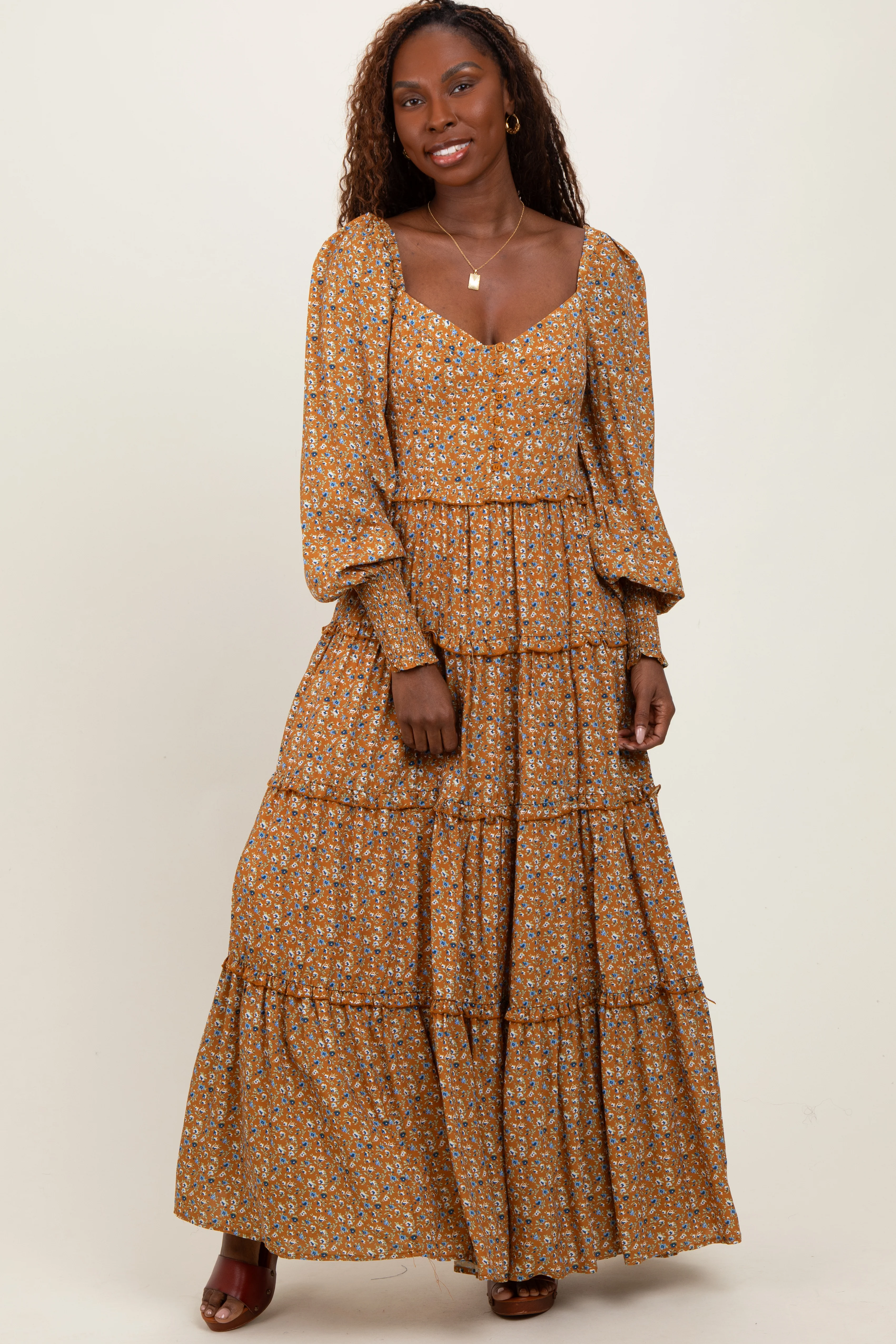 Camel Floral Button Accent Bodice Tiered Maternity Maxi Dress - Image 3