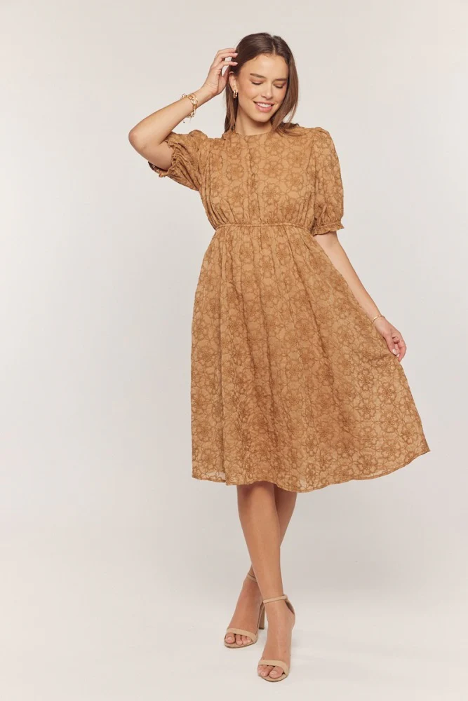Camel Floral Embroidered Overlay Maternity Midi Dress - Image 5