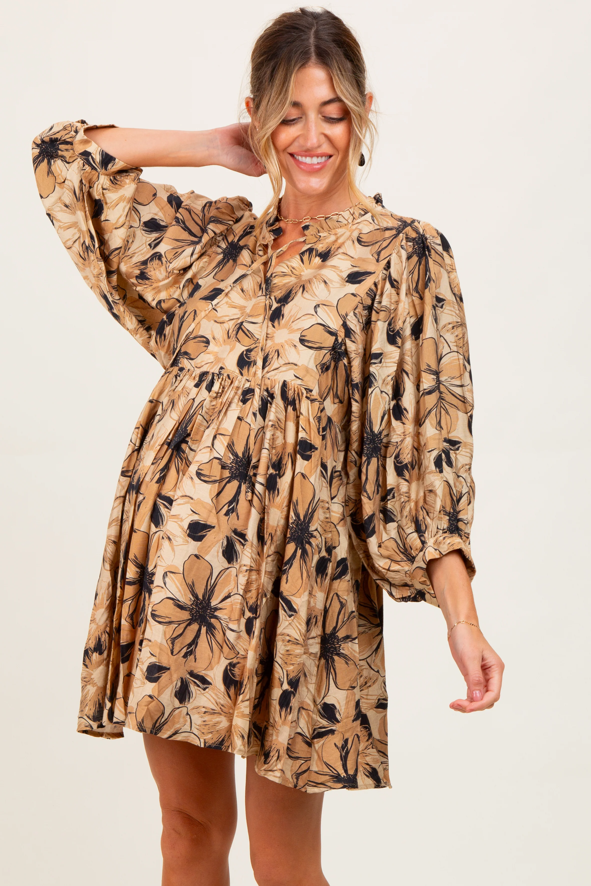 Camel Floral Front Tie Bubble Sleeve Maternity Mini Dress - Image 2