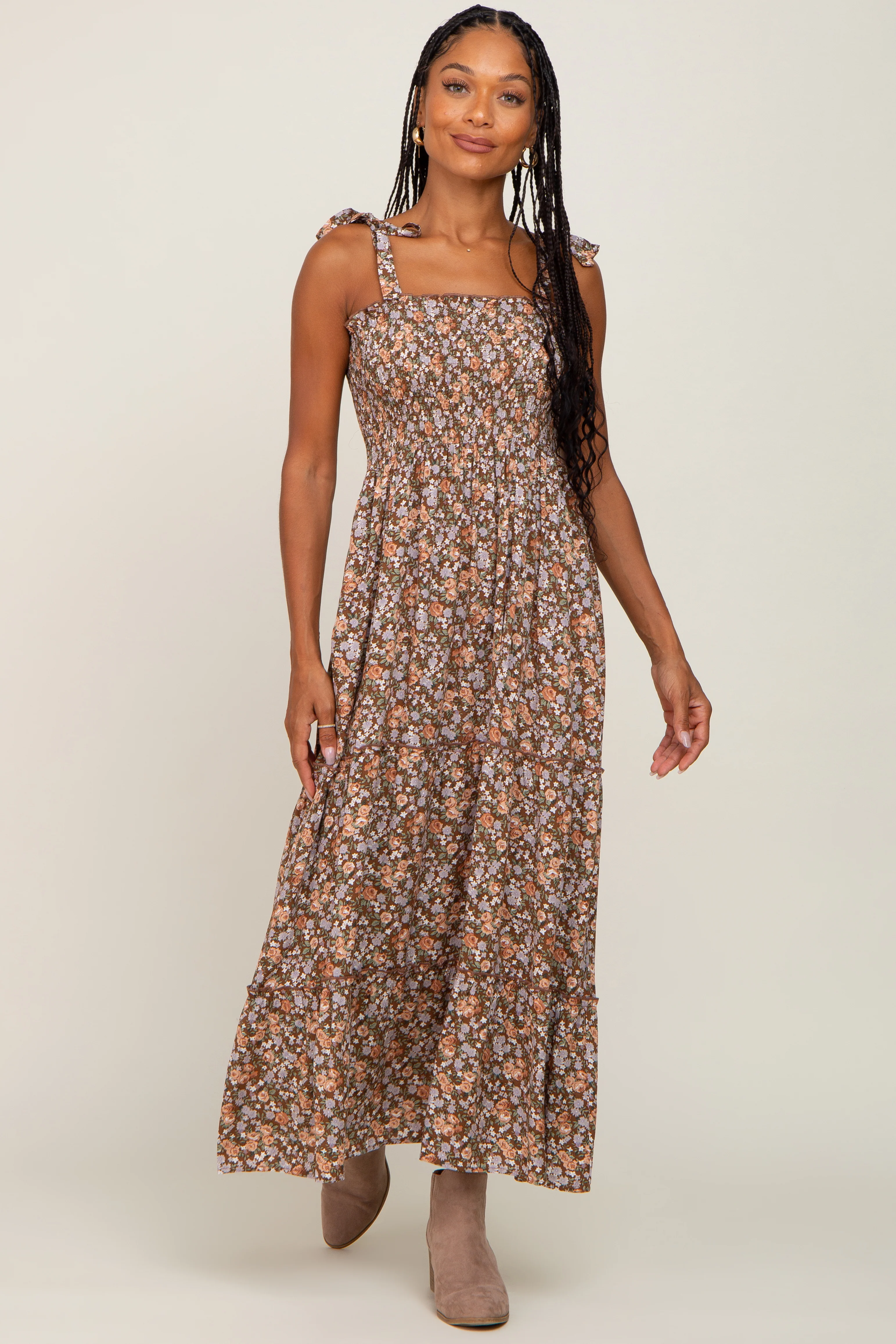 Camel Floral Sleeveless Tiered Maternity Maxi Dress - Image 6