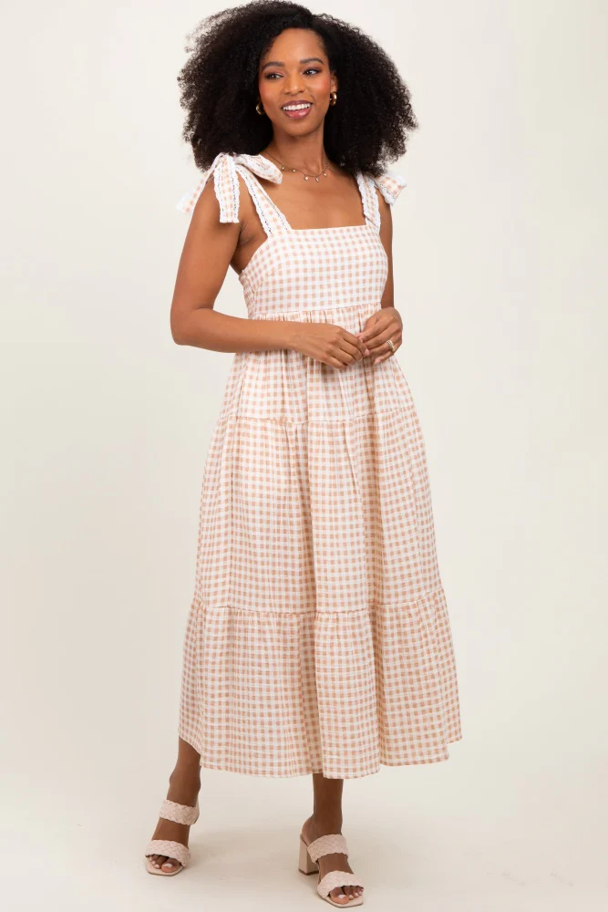 Camel Gingham Lace Trim Shoulder Tie Maternity Maxi Dress - Image 4