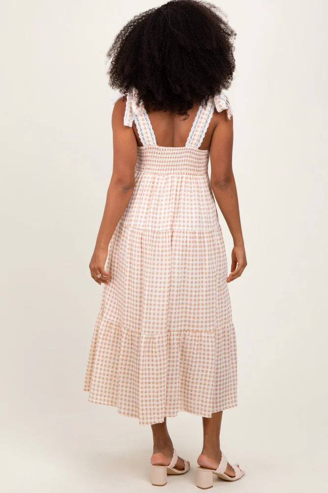 Camel Gingham Lace Trim Shoulder Tie Maxi Dress - Image 3