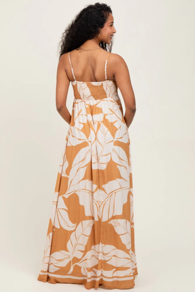 Camel Leaf Print Sleeveless Maternity Maxi Dress - Image 4