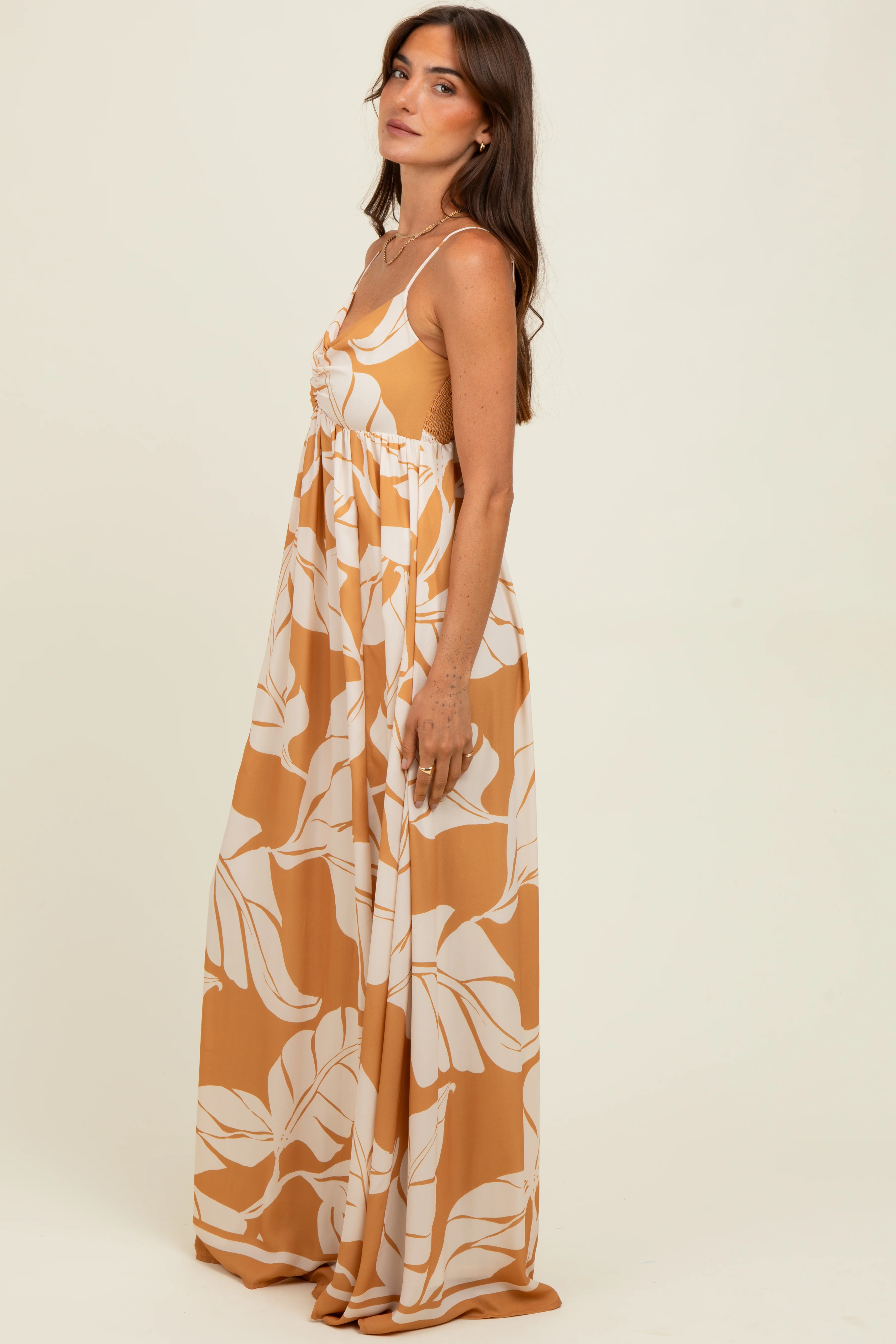 Camel Leaf Print Sleeveless Maxi Dress - Image 3