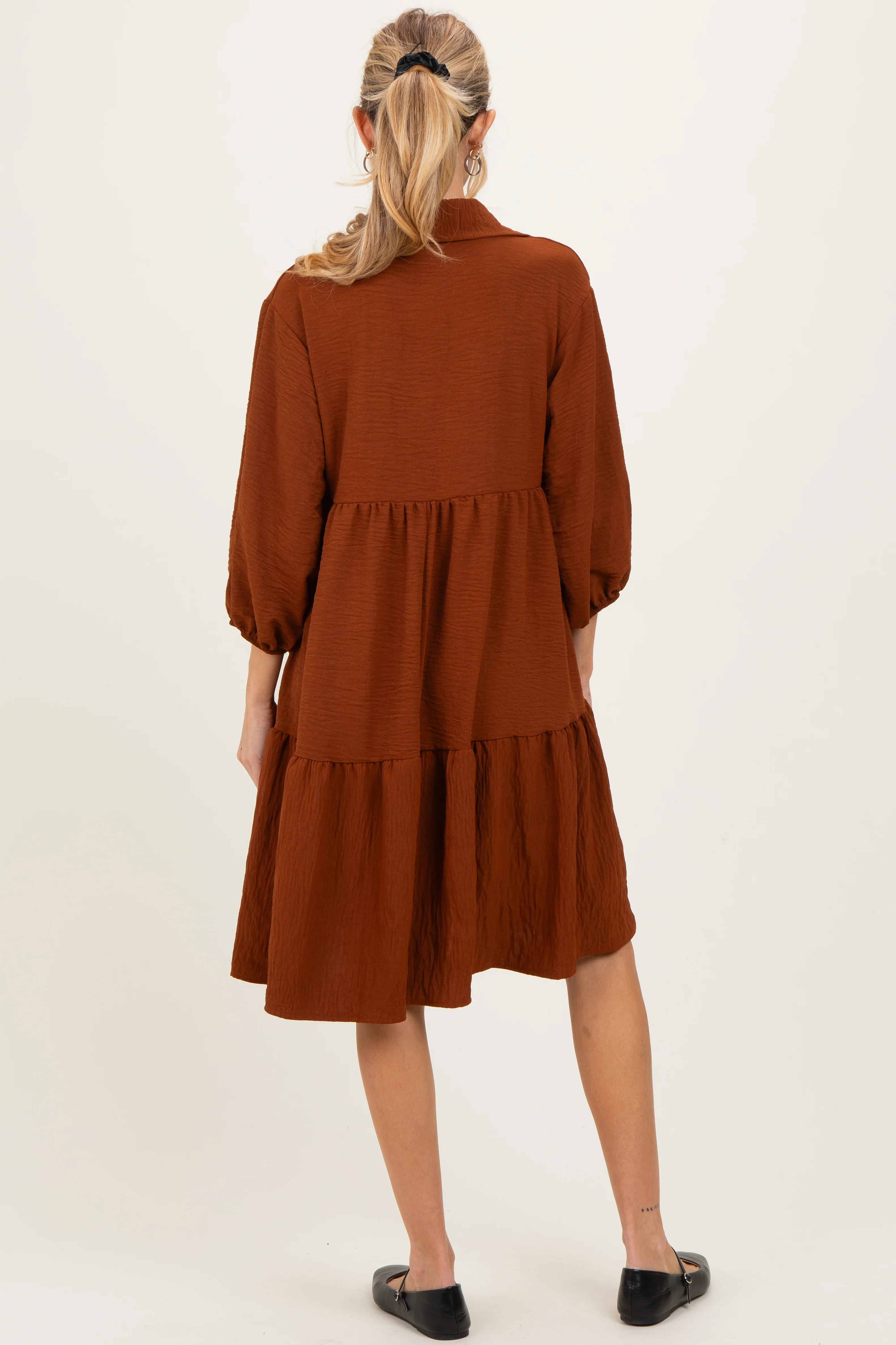 Camel Long Sleeve Button Down Collared Tiered Maternity Dress - Image 3