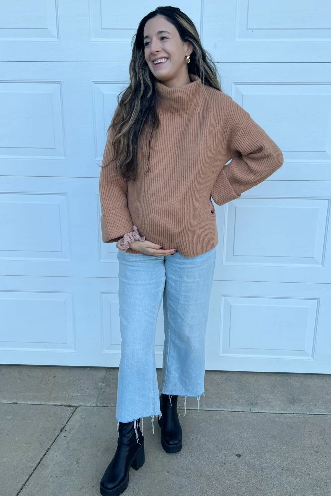 Camel Mock Neck Chunky Knit Maternity Sweater - Image 6