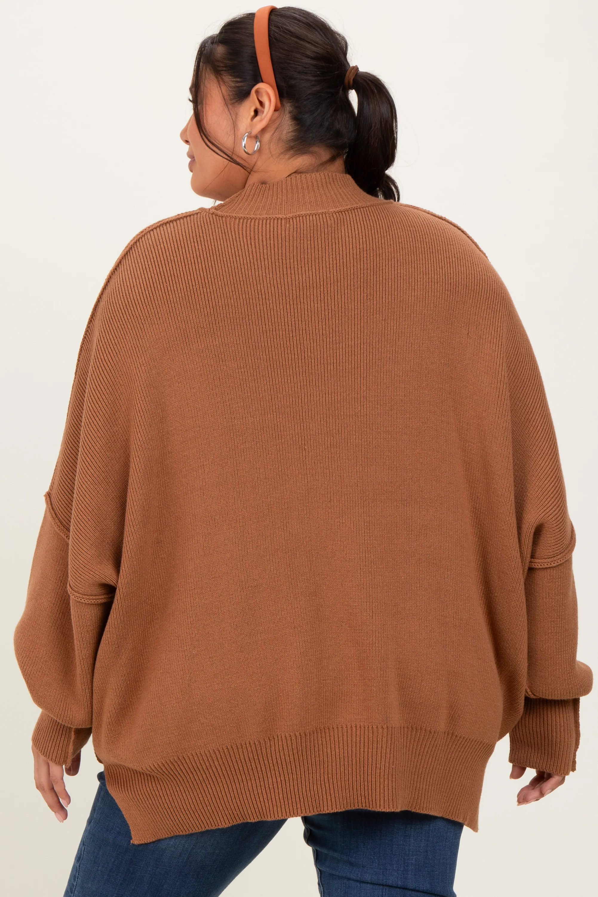 Camel Mock Neck Exposed Seam Sweater - Image 4