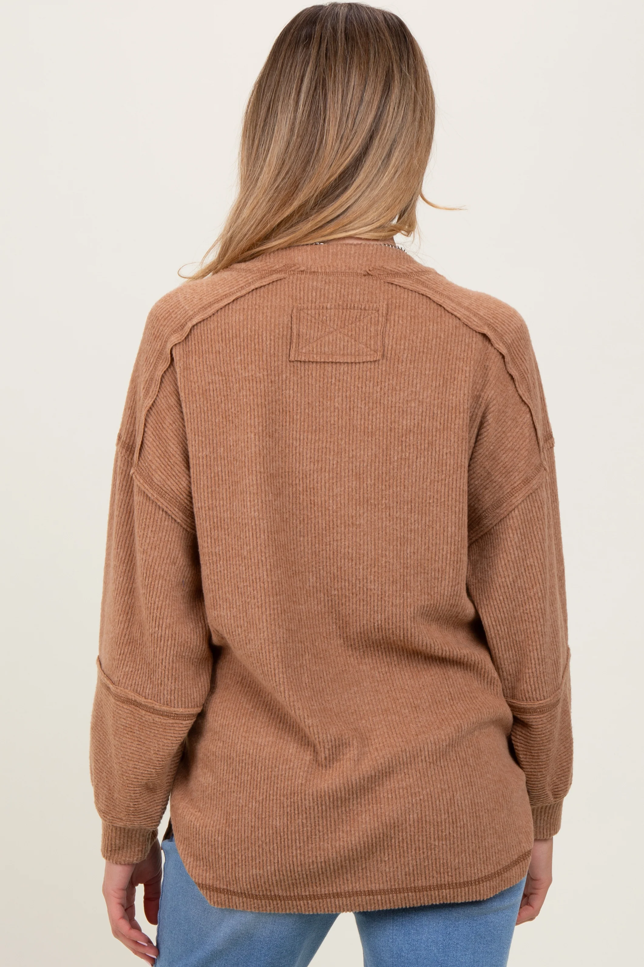 Camel Oversized Ribbed Knit Henley Maternity Sweater - Image 4