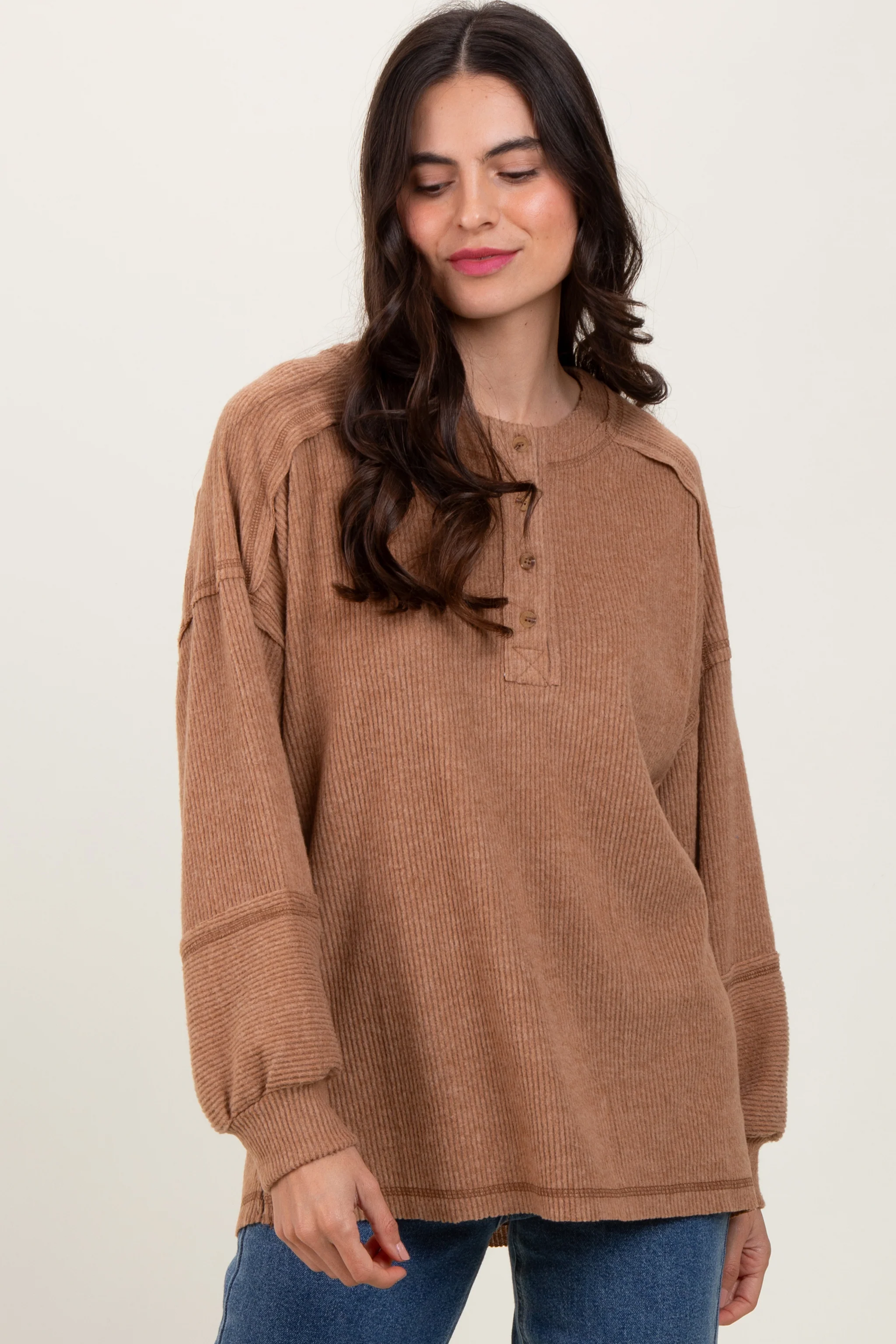 Camel Oversized Ribbed Knit Henley Maternity Sweater - Image 5