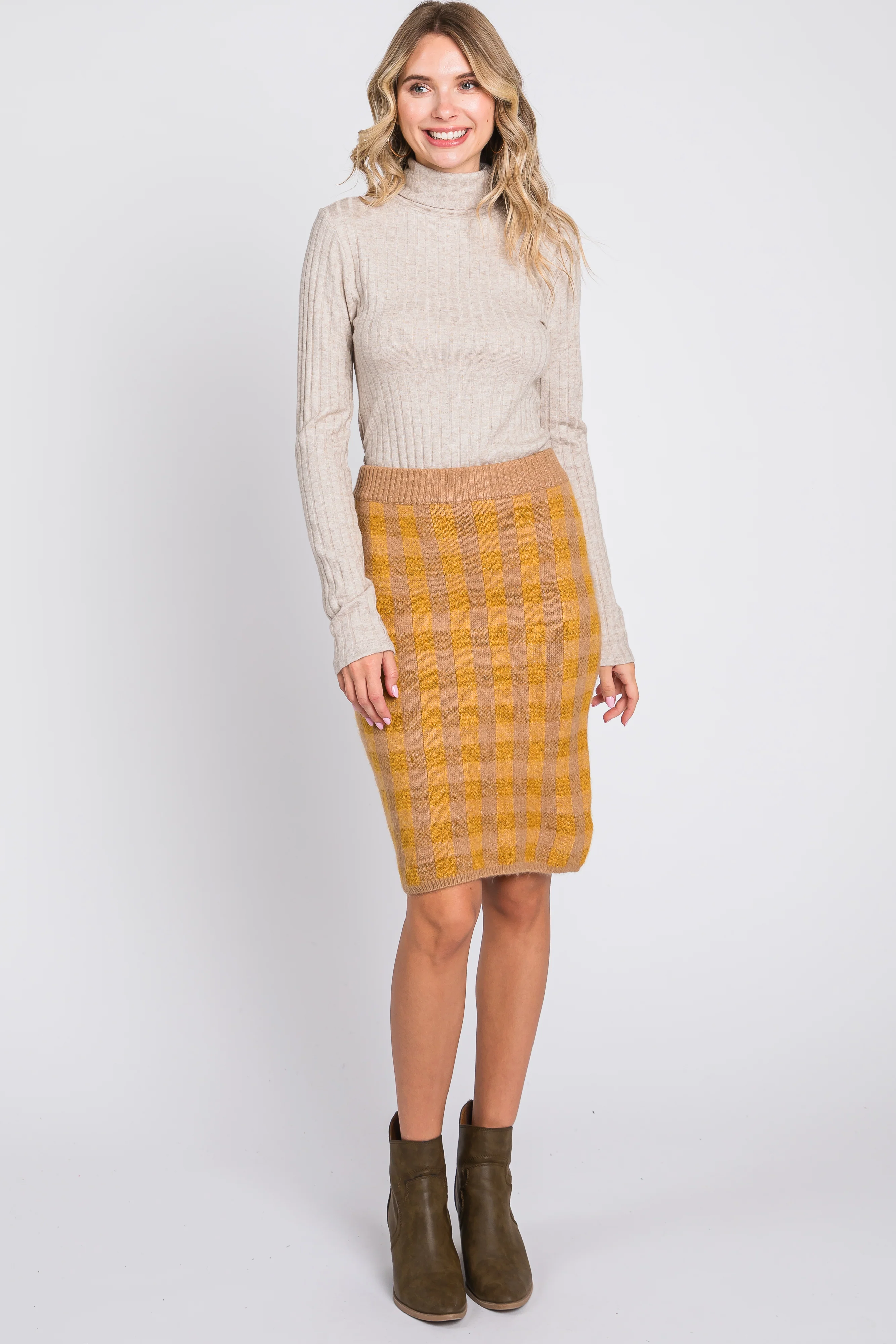 Camel Plaid Fuzzy Knit Fitted Maternity Skirt - Image 9